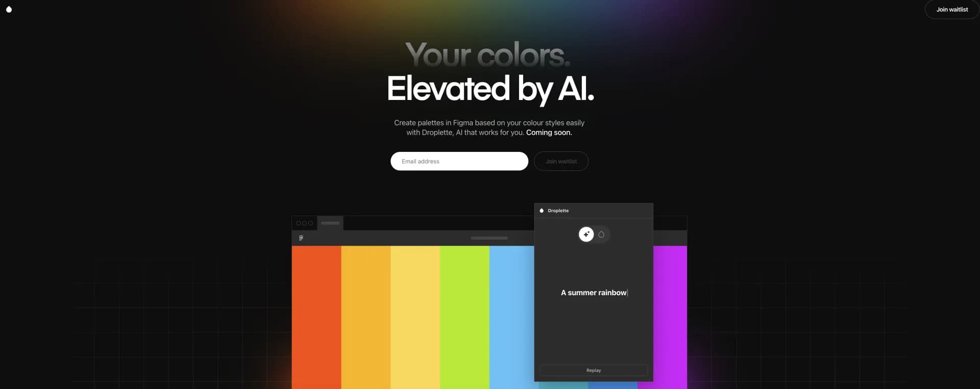 Droplette homepage screenshot — AI-powered color palette generator for Figma