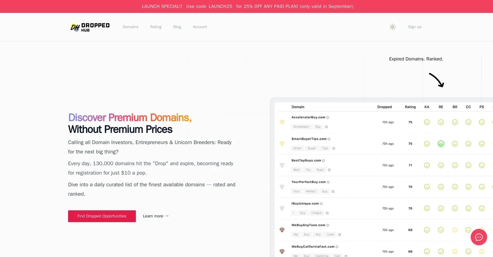 Droppedhub homepage screenshot — Discover premium expired domains at bargain prices.