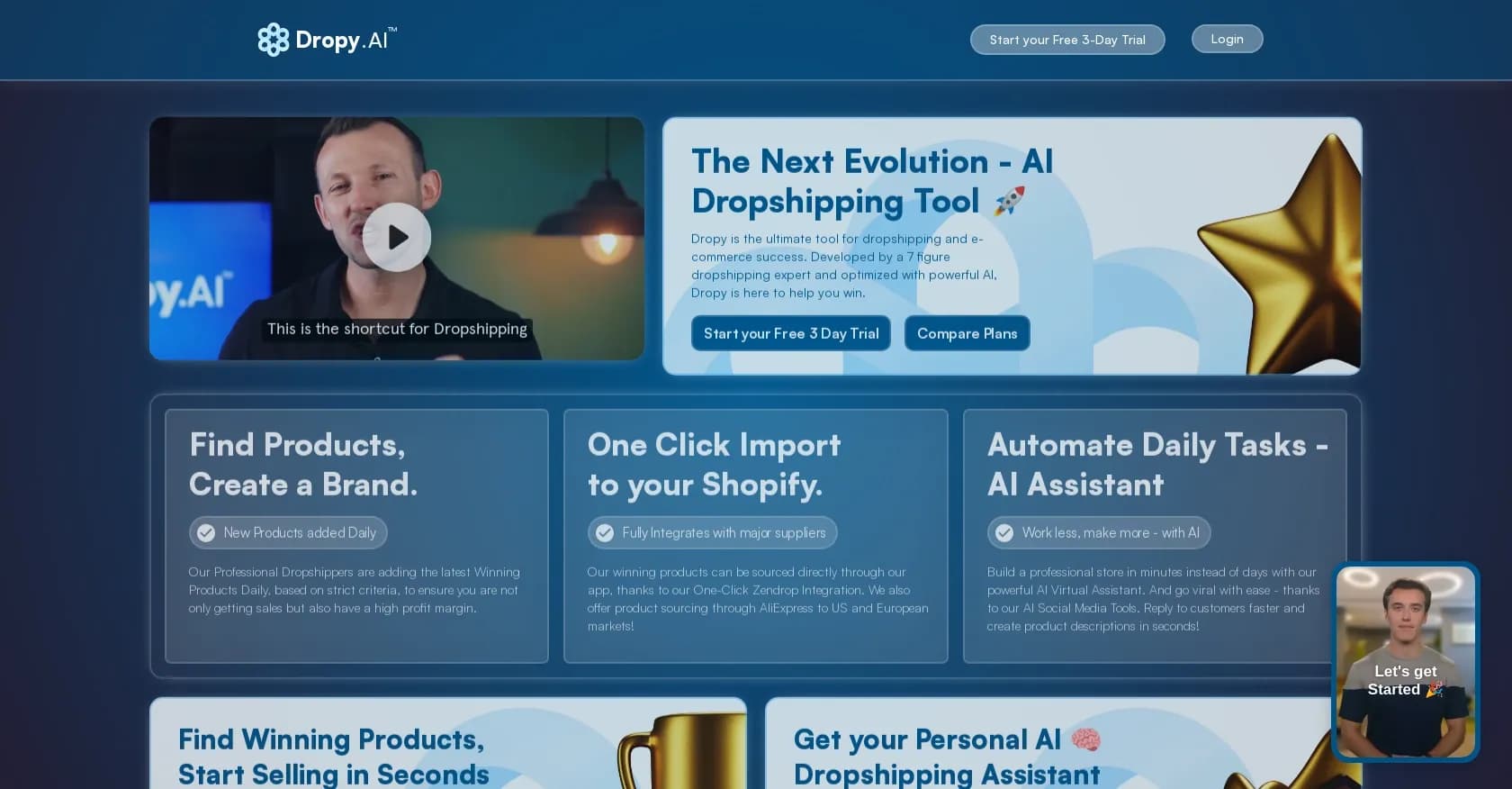 Dropy AI homepage screenshot — AI-powered dropshipping tool for e-commerce success