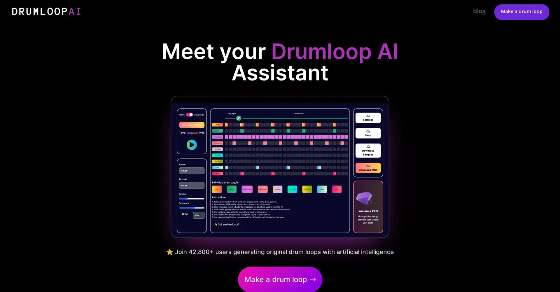Drumloop homepage screenshot — Generate original drum loops with AI