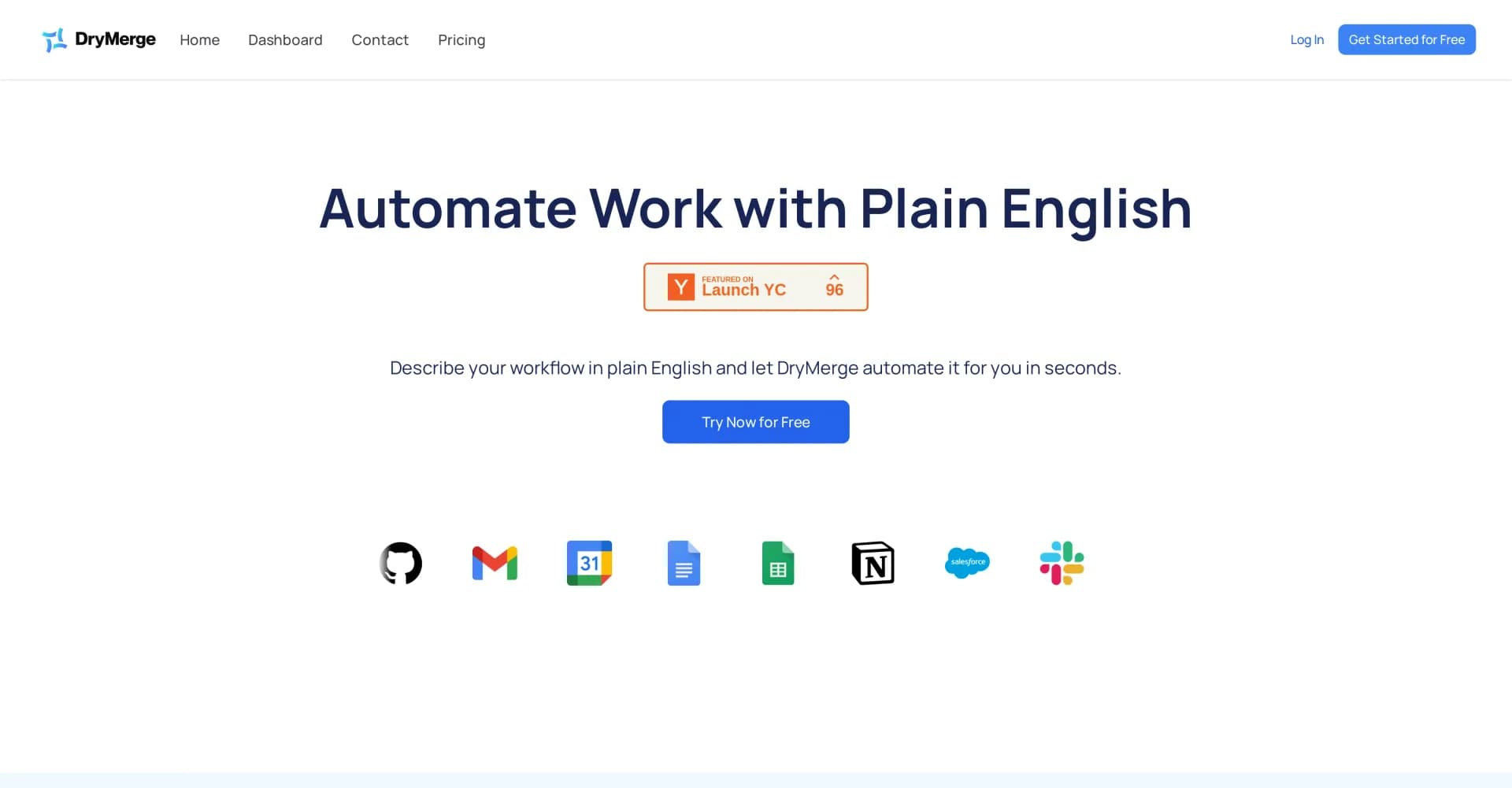 DryMerge homepage screenshot — Automate work with plain English