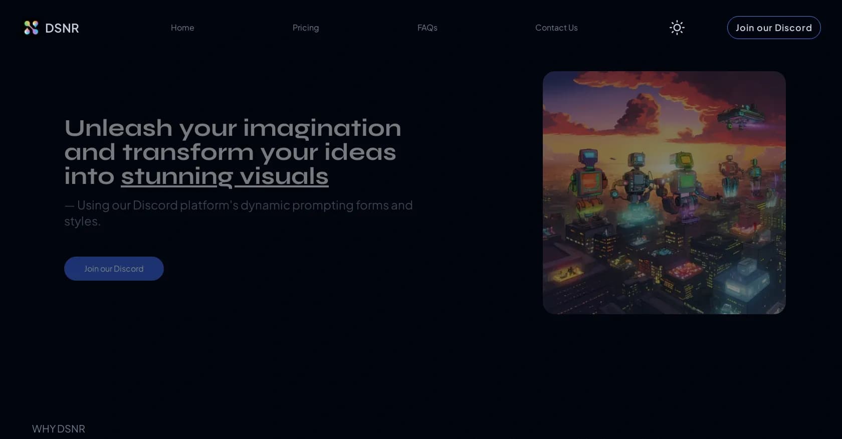 DSNR homepage screenshot — Transform ideas into stunning visuals with AI-powered prompt