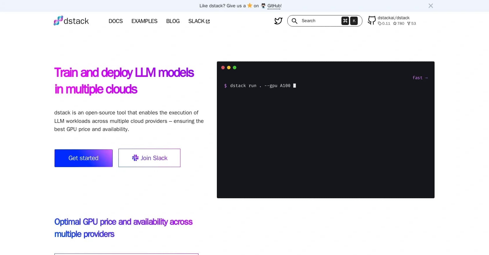 Dstack homepage screenshot — Streamline LLM development and deployment across clouds