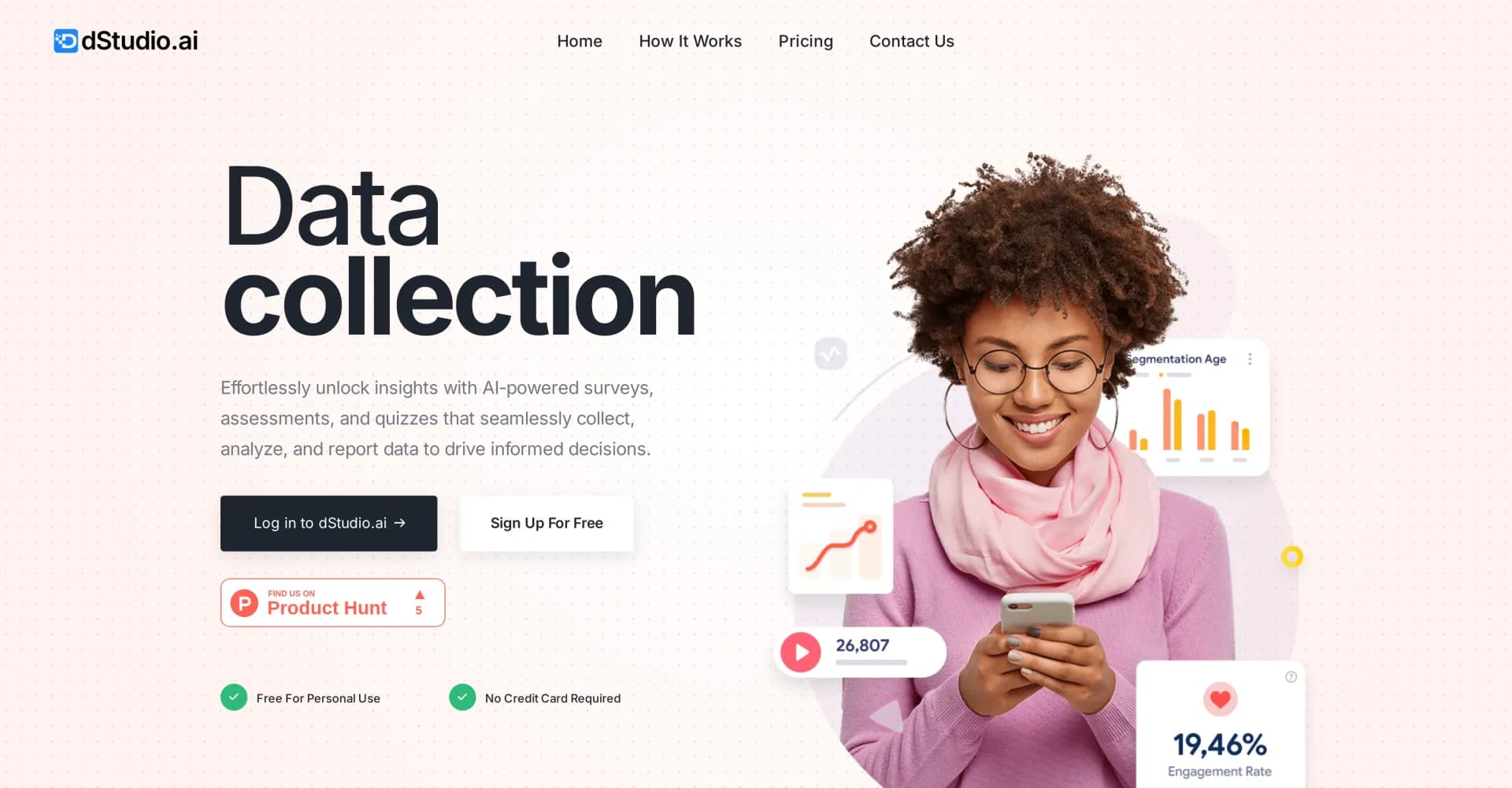 dStudio homepage screenshot — AI-powered surveys for effortless insights and decisions.