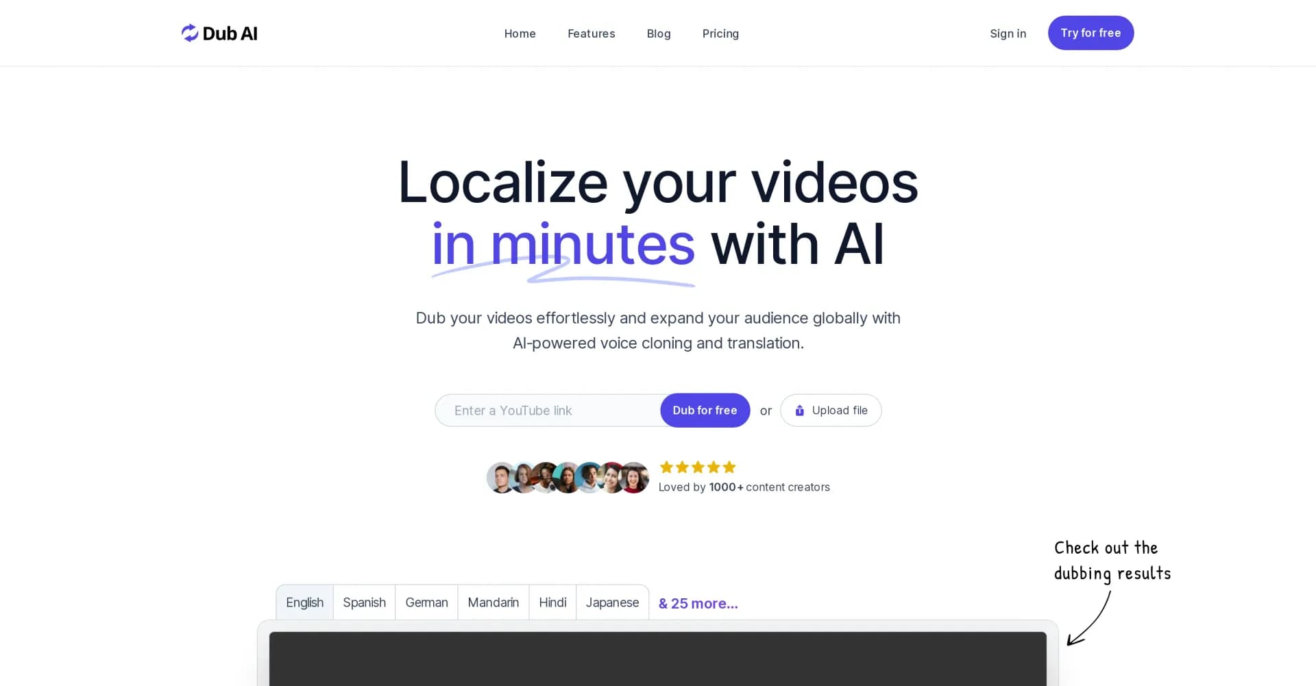 Dub AI homepage screenshot — Localize videos in minutes with AI dubbing