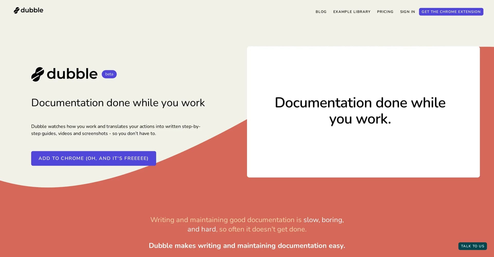 Dubble homepage screenshot — Translating your actions into step-by-step guides, videos, a