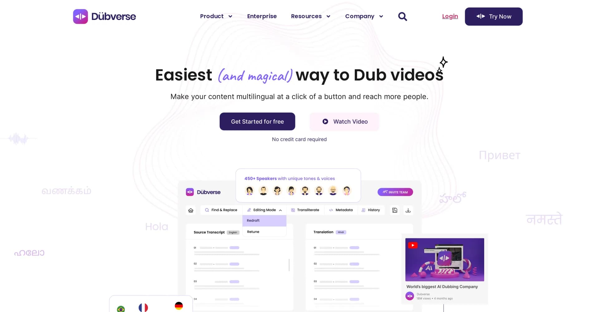 Dubverse.ai homepage screenshot — AI-powered video dubbing in 30 languages