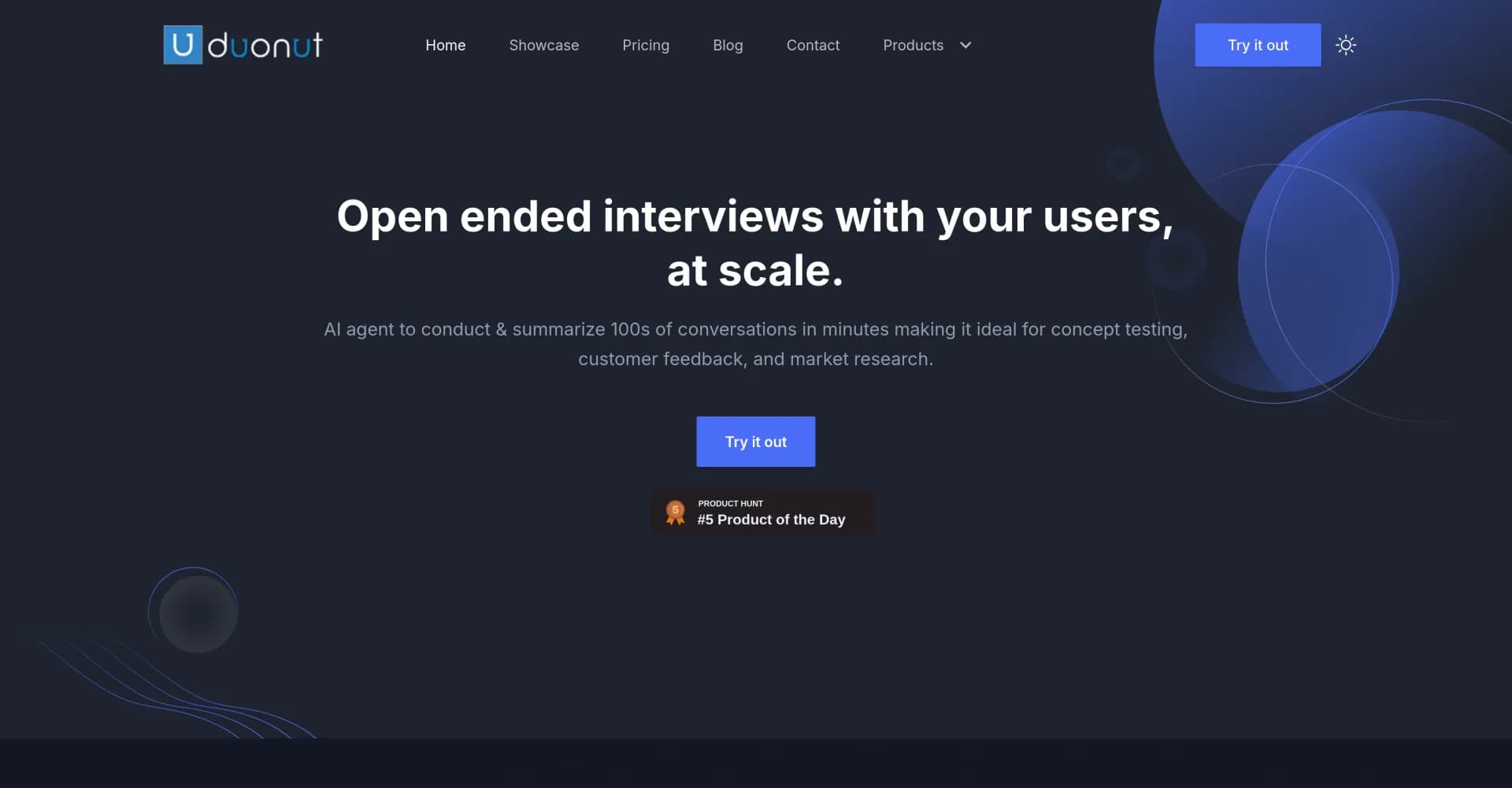 Duonut homepage screenshot — AI-powered open-ended interviews at scale