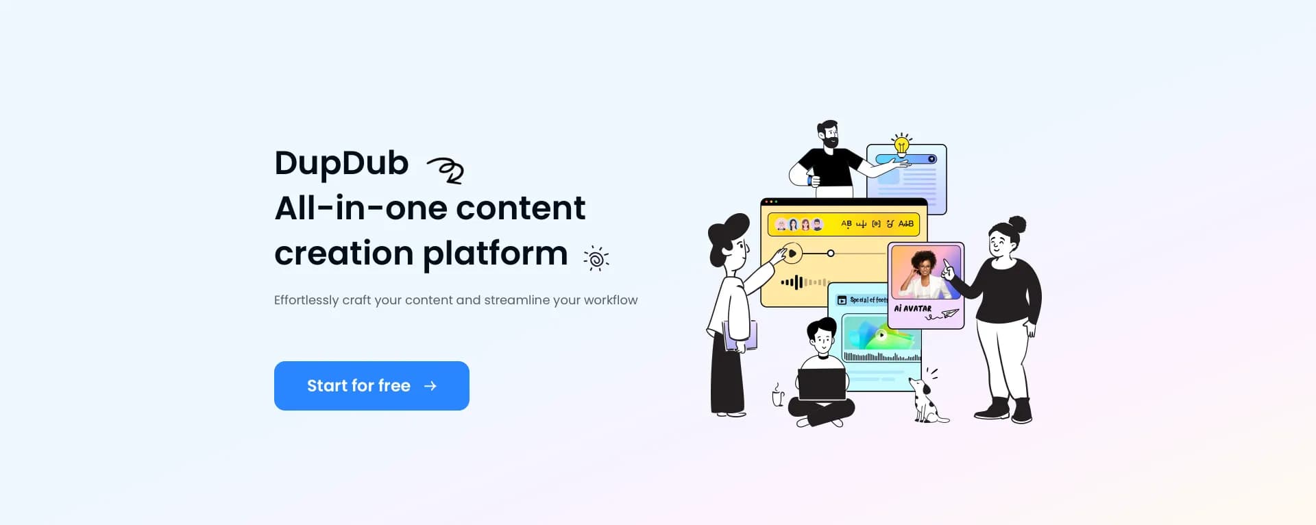 Dupdub homepage screenshot — Create engaging voiceovers in seconds