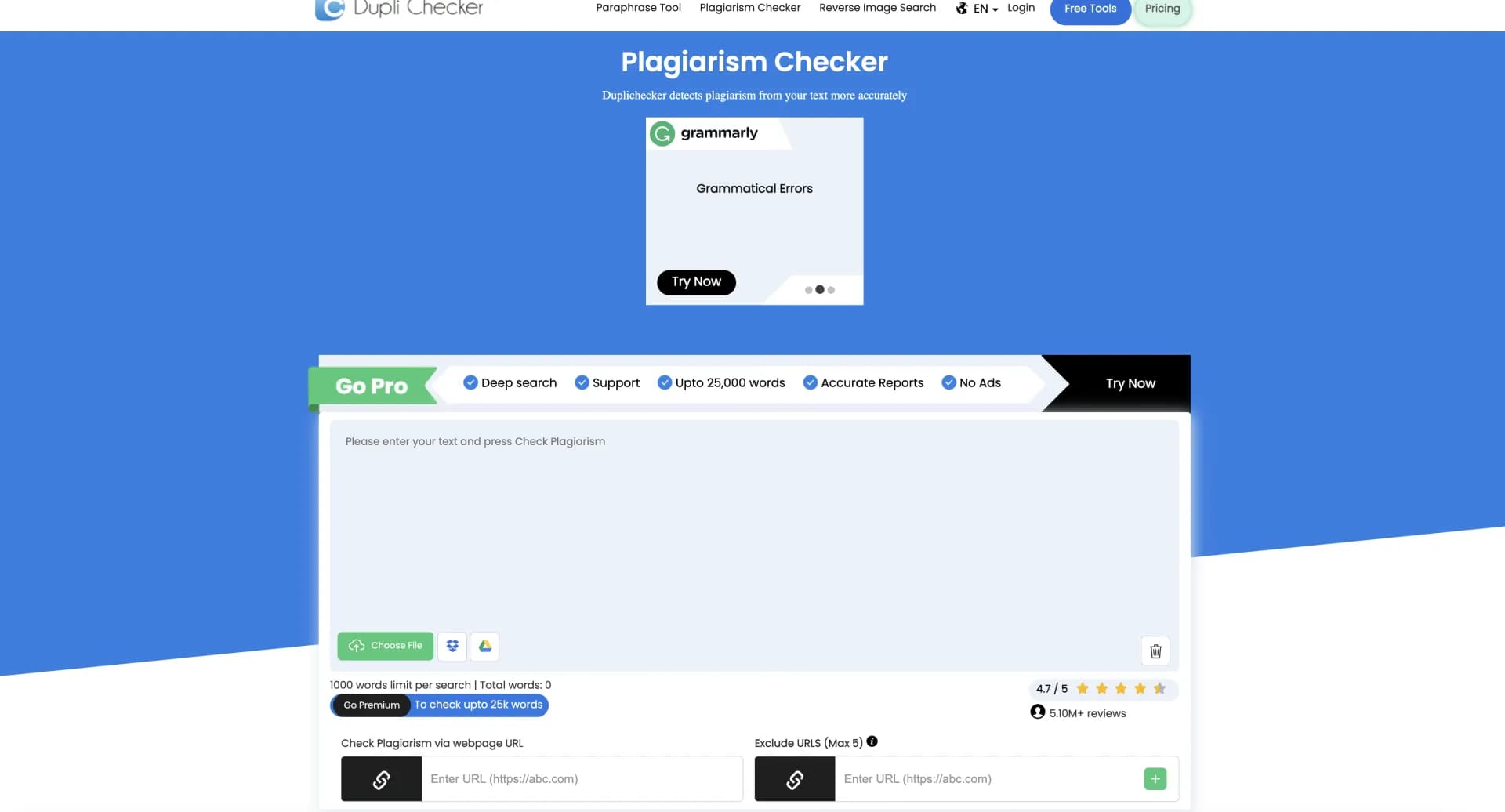 Duplichecker homepage screenshot — Detect copied content instantly and for free.