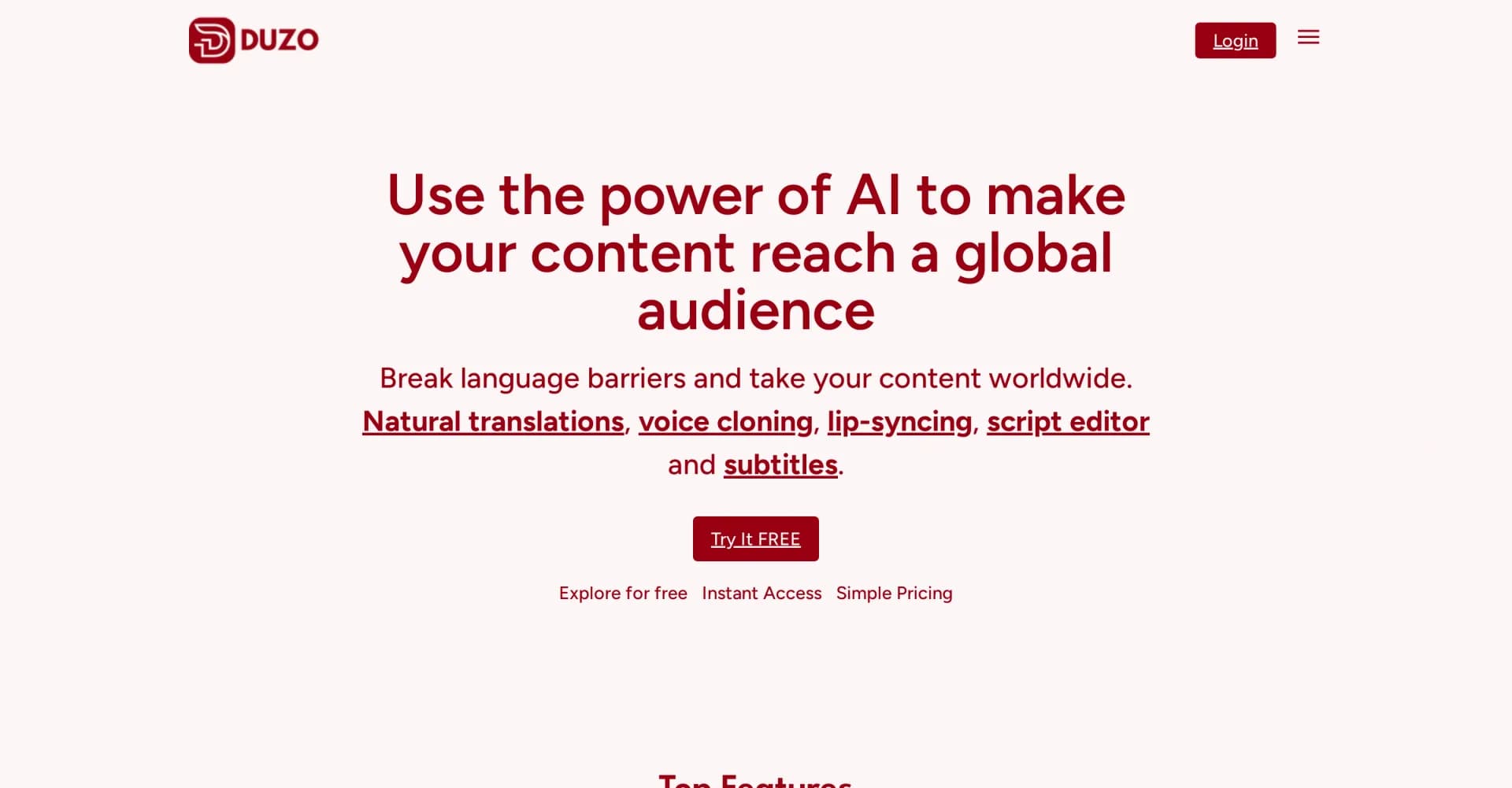 Duzo homepage screenshot — Break language barriers with AI-powered global content trans