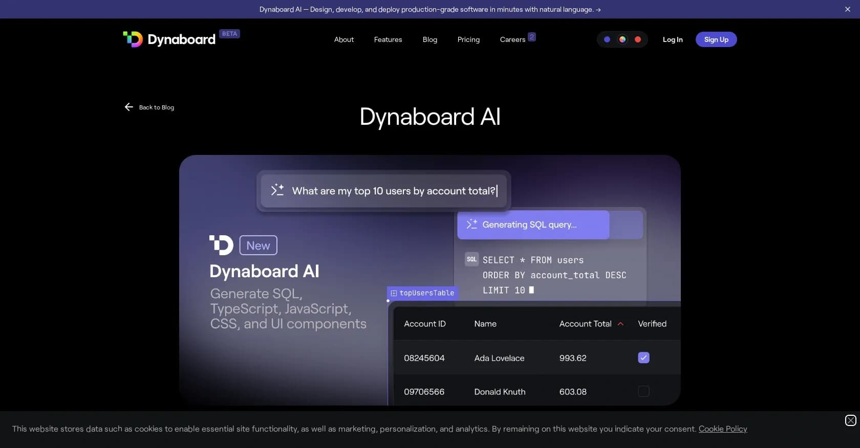 Dynaboard AI homepage screenshot — Build custom, production-grade software in minutes with natu