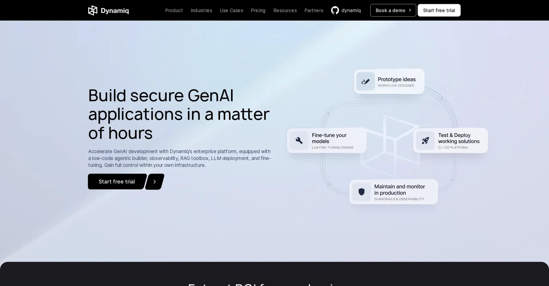 Dynamiq homepage screenshot — Build secure GenAI apps fast with enterprise control
