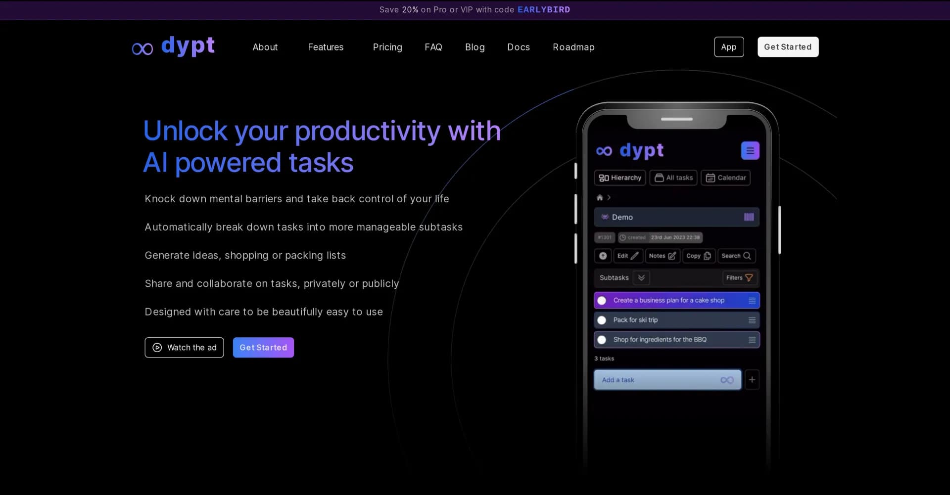 Dypt homepage screenshot — Break down tasks with AI-powered productivity.