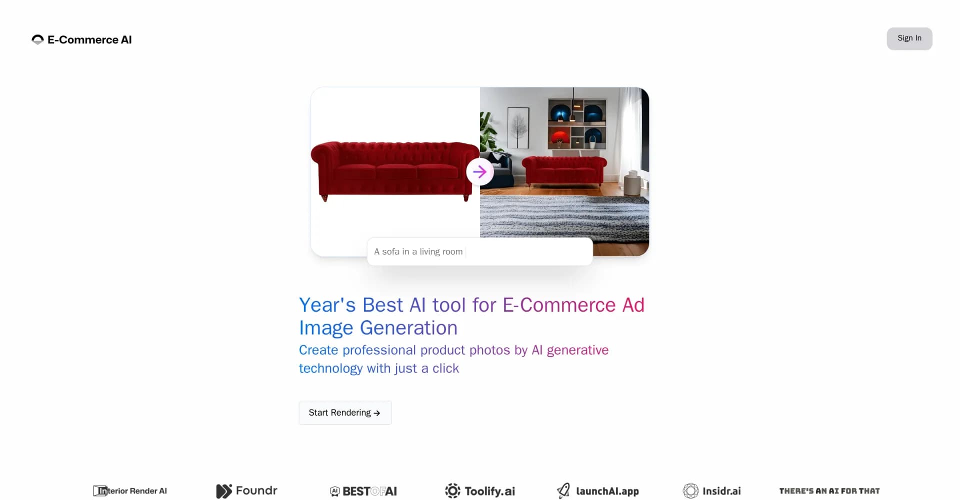 E-Commerce AI homepage screenshot — Create professional product photos with AI in seconds