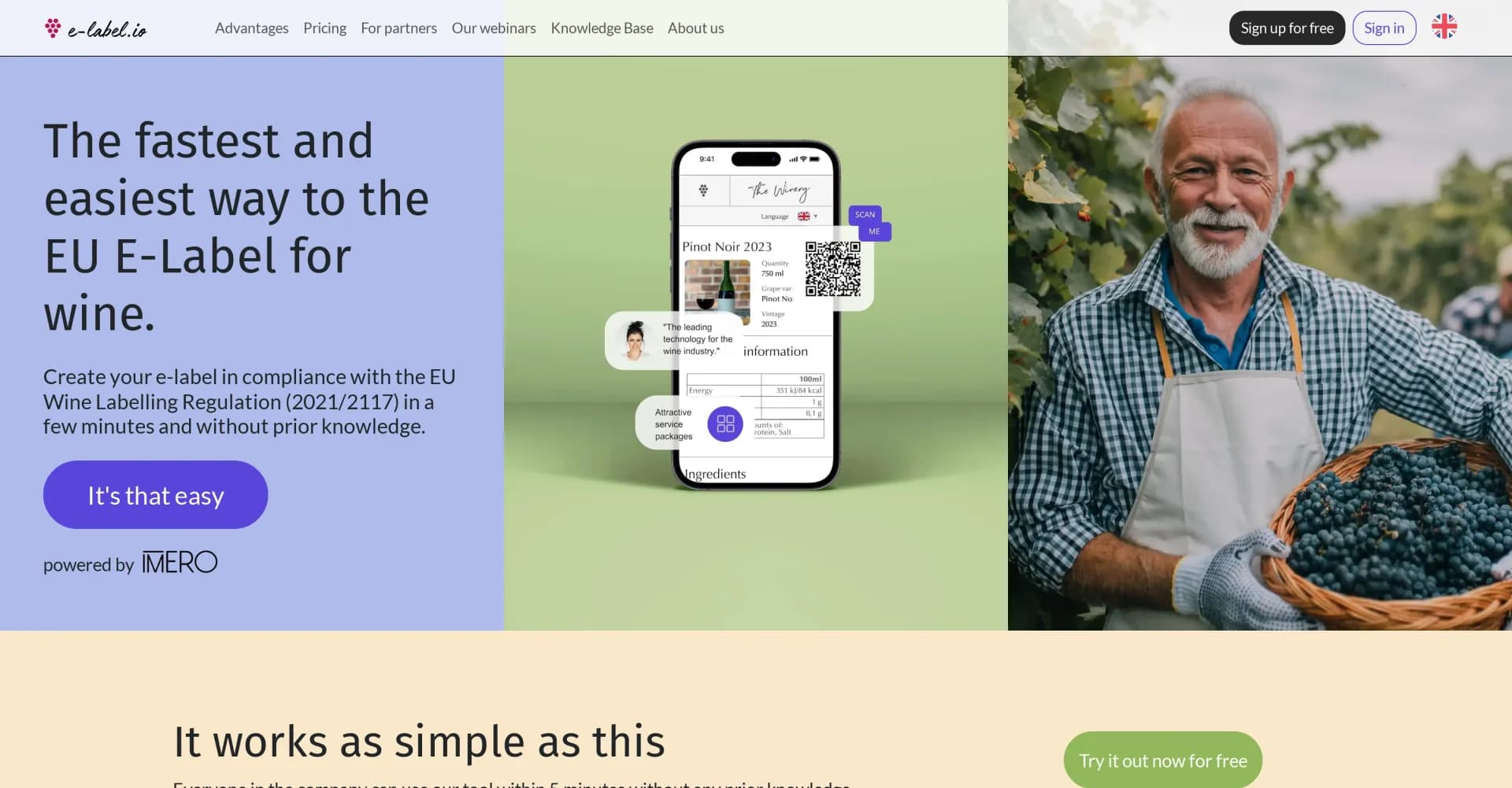 E-label.io homepage screenshot — Instant EU wine e-labels with QR codes.