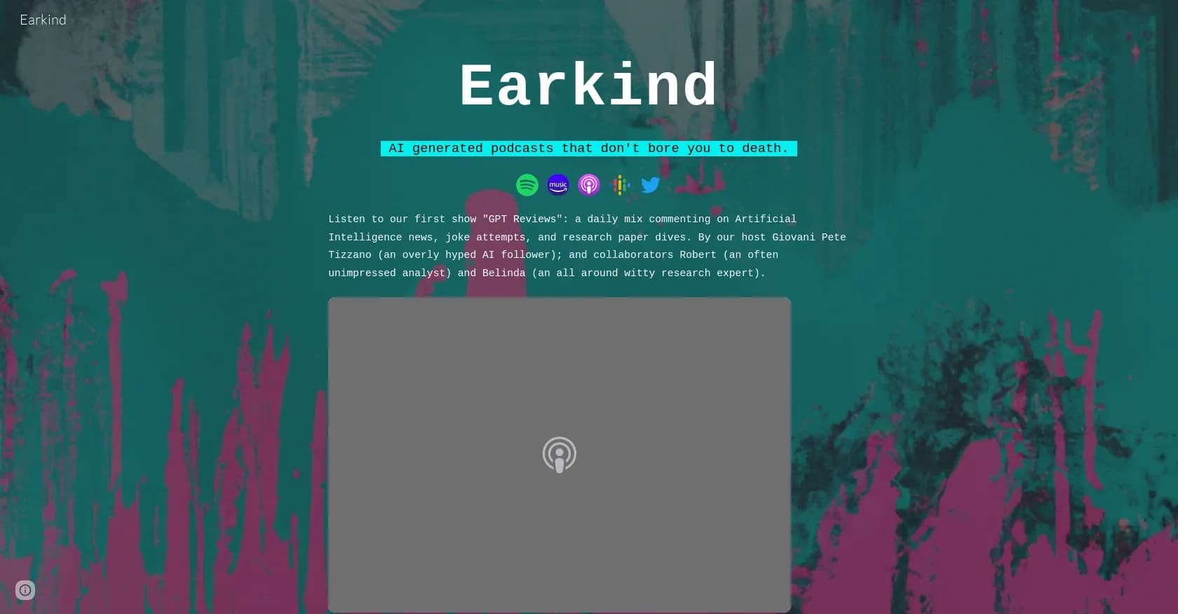 Earkind homepage screenshot — AI-generated podcasts that entertain, not bore.
