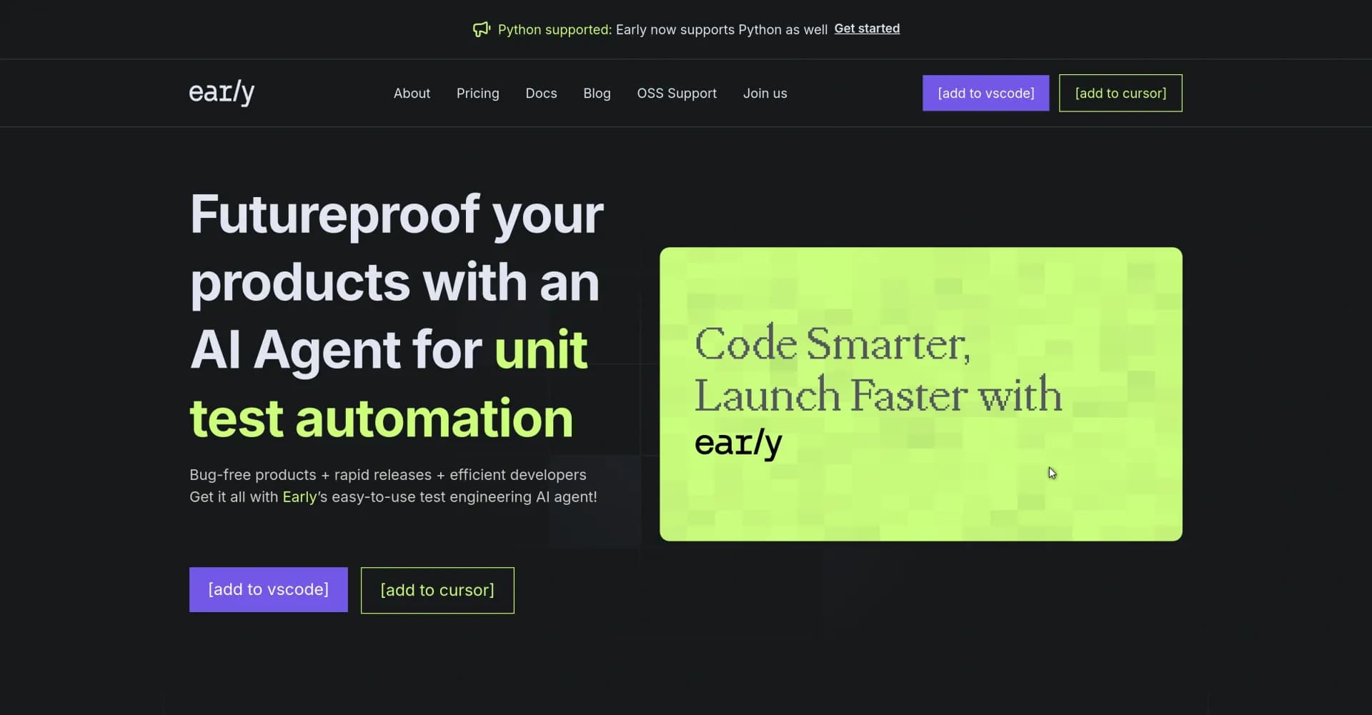 EarlyAI homepage screenshot — AI-powered unit test automation for bug-free products