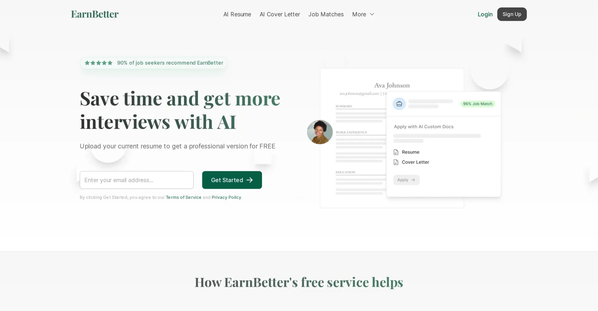 EarnBetter homepage screenshot — AI-powered resumes for more interviews