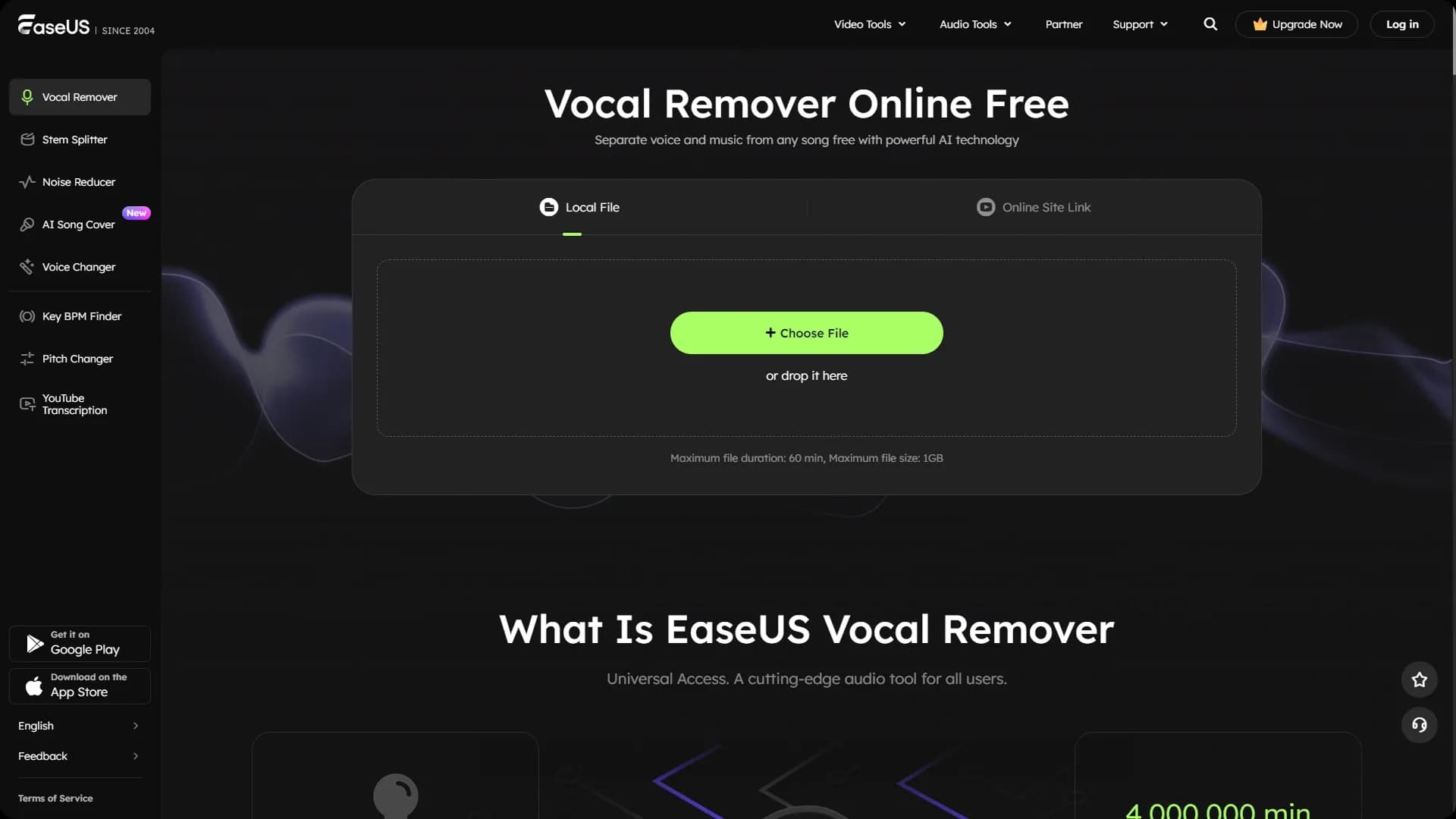 EaseUS Online Vocal Remover homepage screenshot — Remove vocals from songs with AI-powered precision.