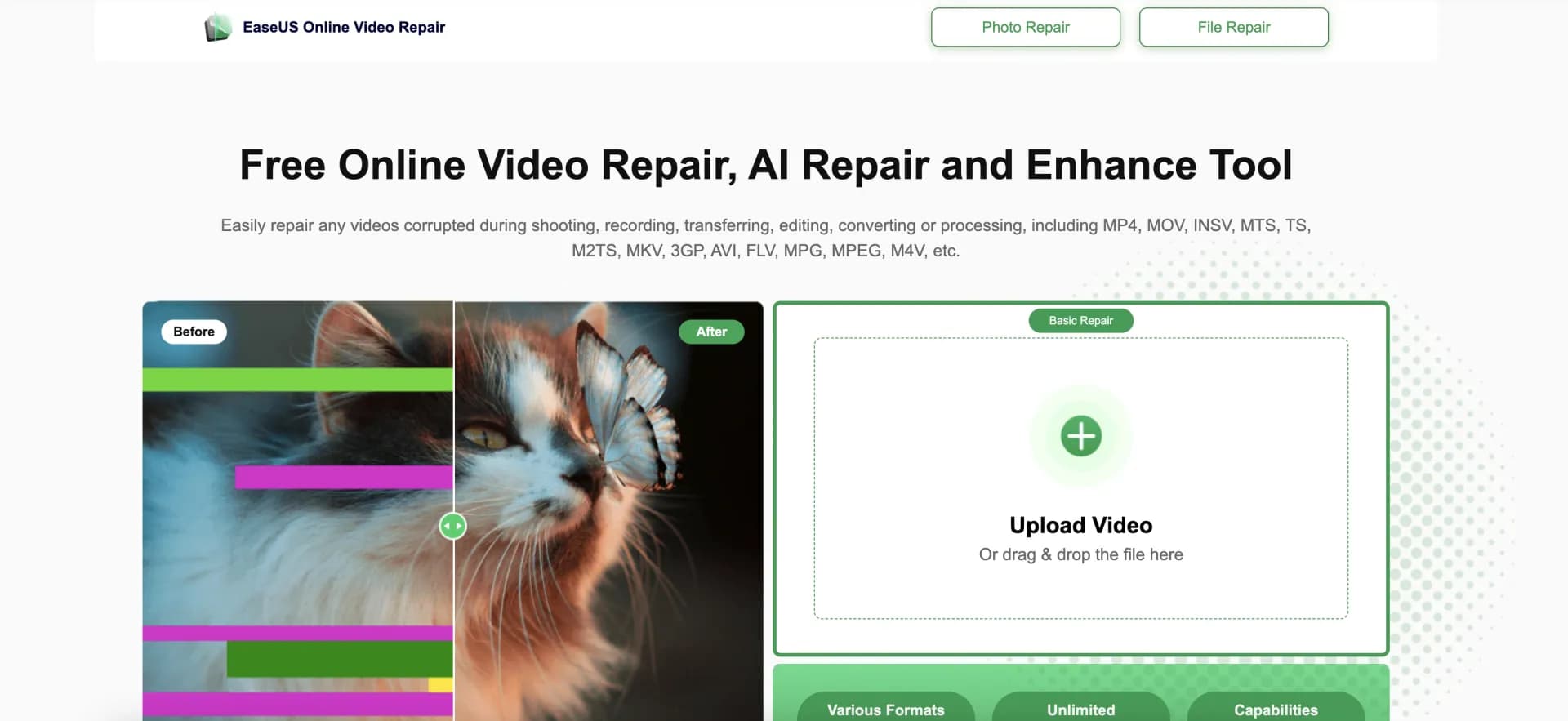 EaseUS Online Video Repair homepage screenshot — Fix corrupted videos online for free in minutes