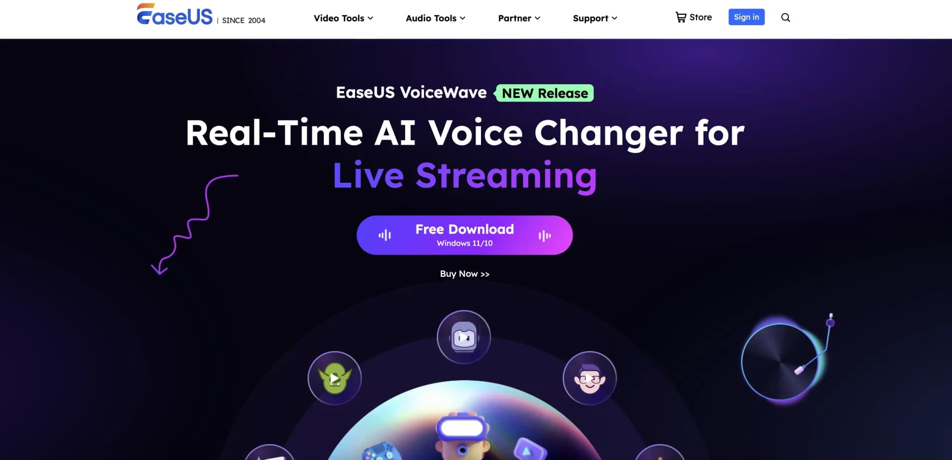 EaseUS VoiceWave homepage screenshot — Change your voice in real-time for online platforms.