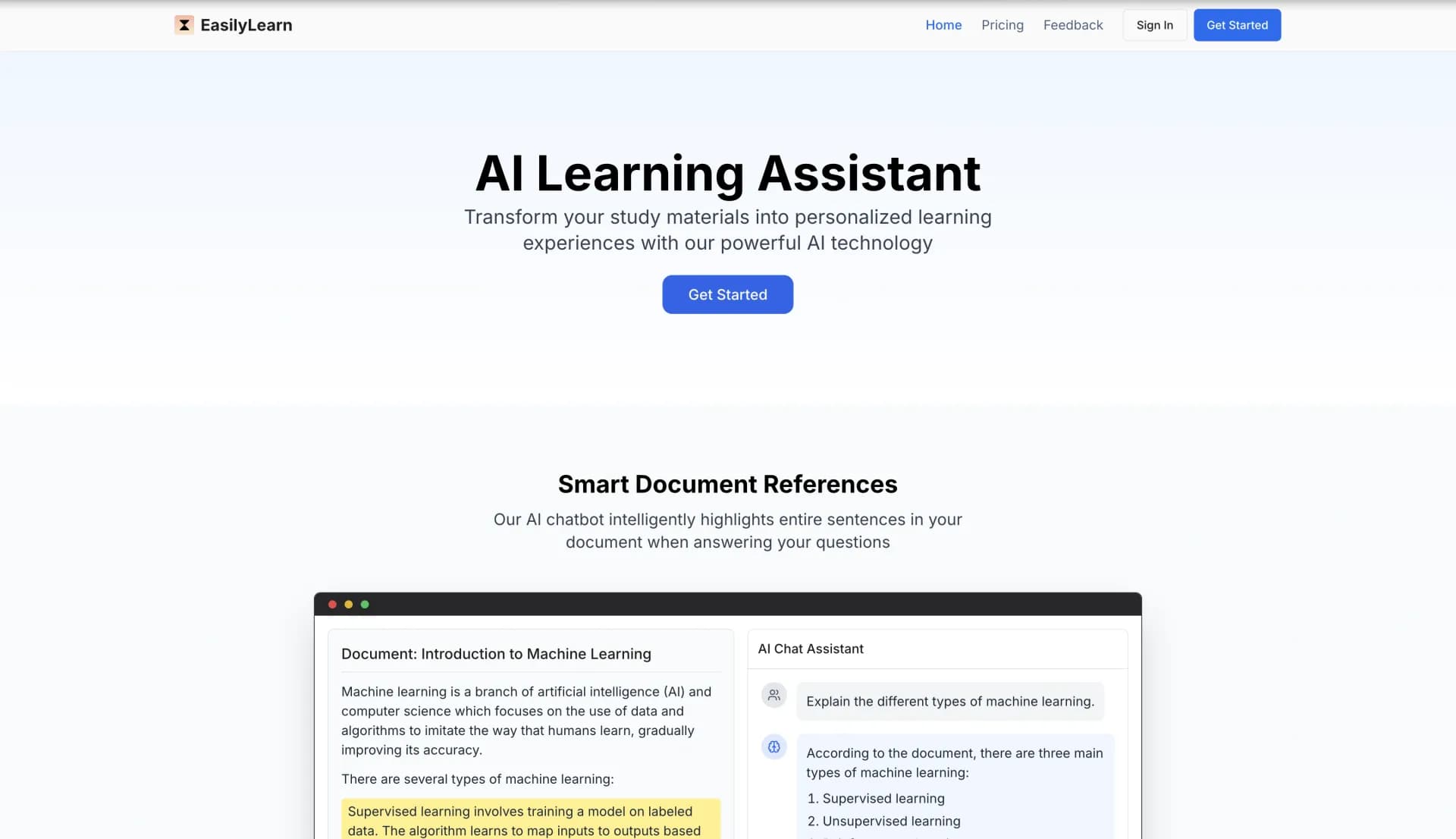 EasilyLearnv1.1.0 homepage screenshot — Transform documents into personalized learning experiences