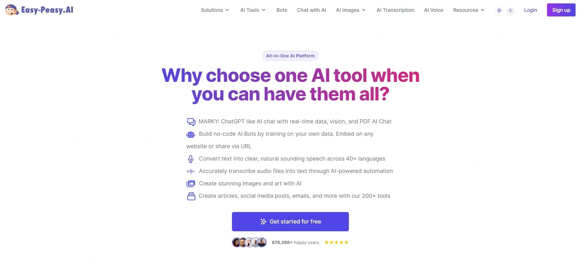 Easy-Peasy.AI homepage screenshot — Accelerates content creation.