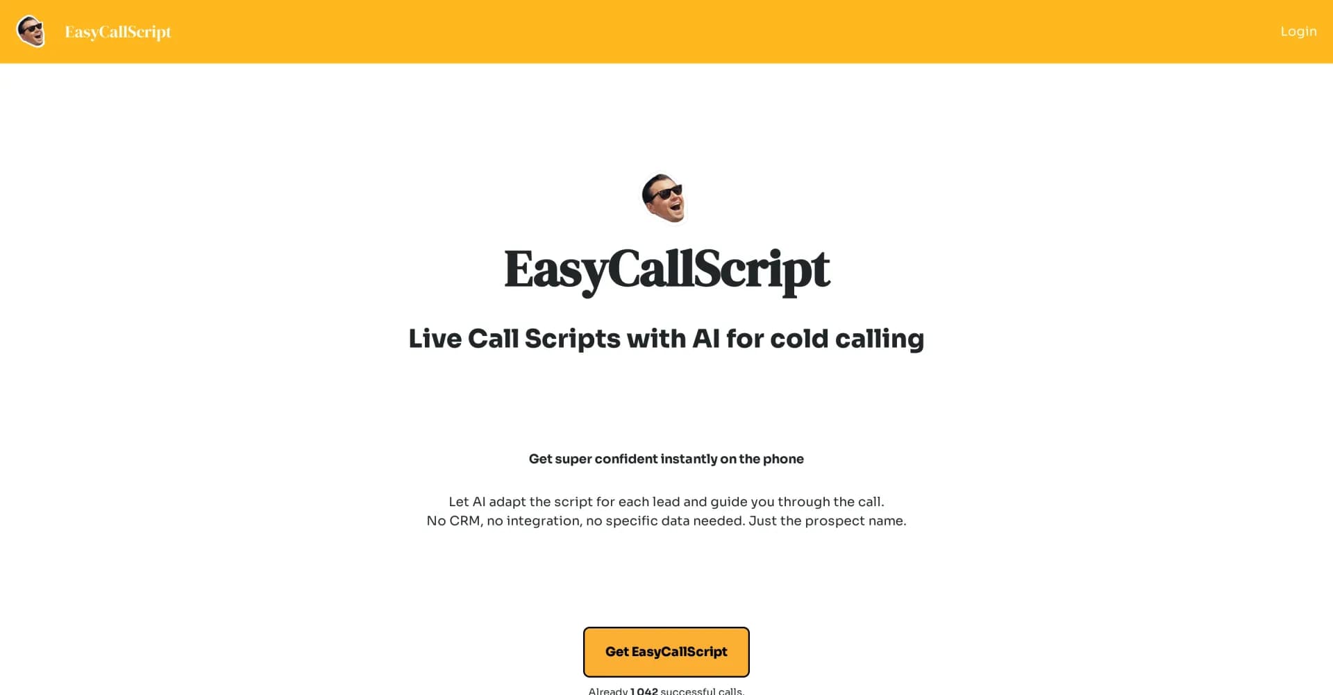 EasyCallScript homepage screenshot — AI-driven live call scripts for confident cold calling