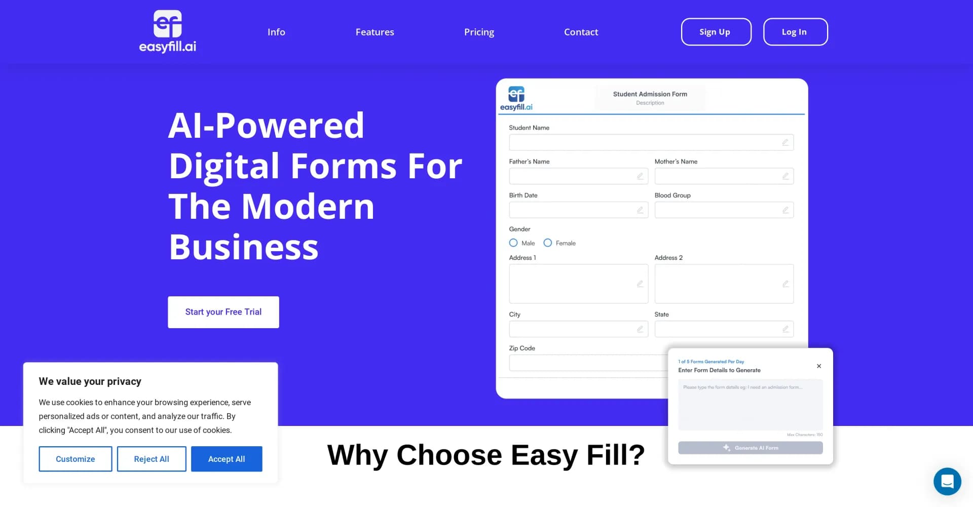 EasyFill.ai homepage screenshot — AI-powered digital forms for modern businesses.