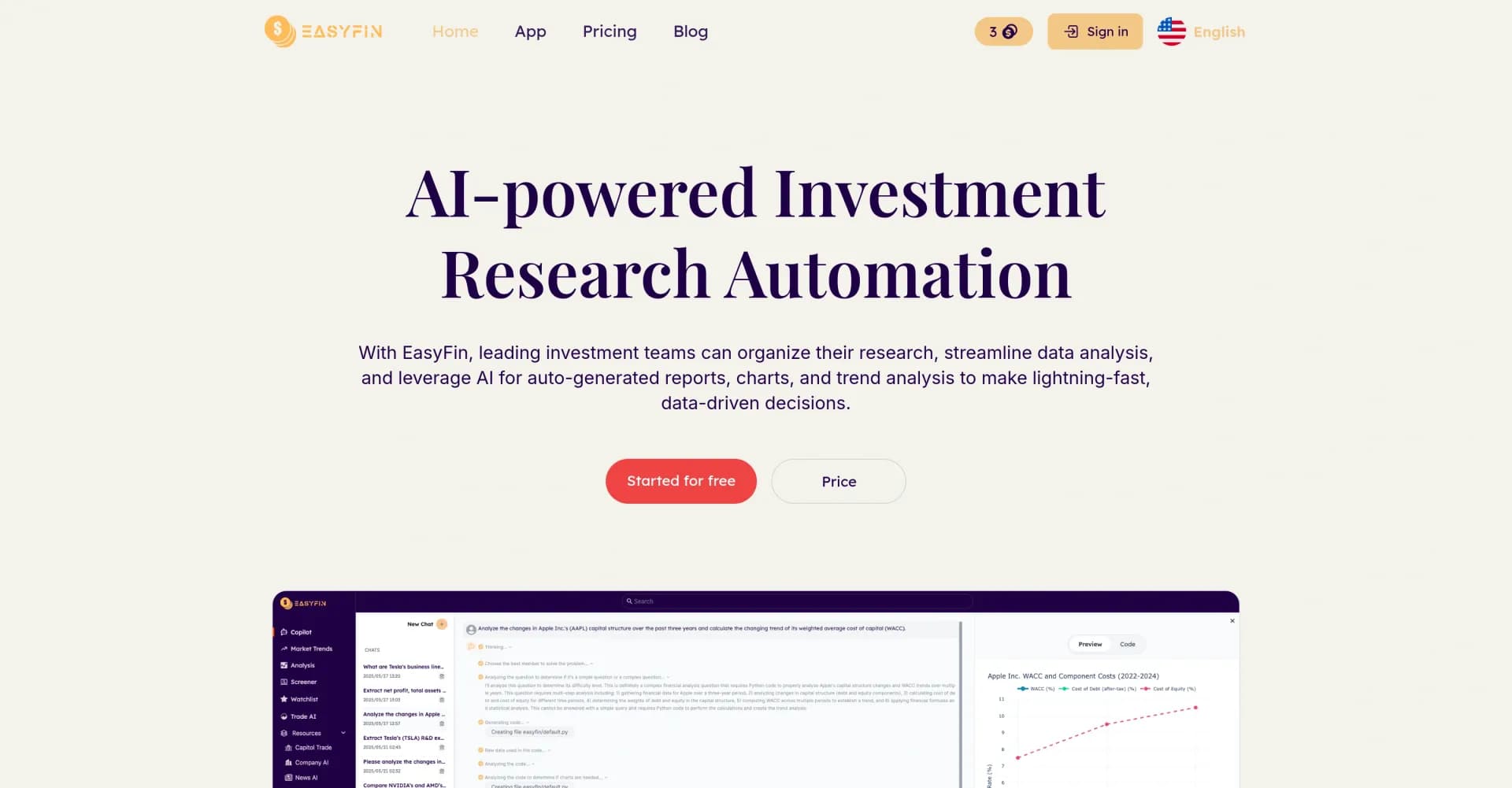 EasyFin homepage screenshot — AI-powered stock analysis for smarter investments