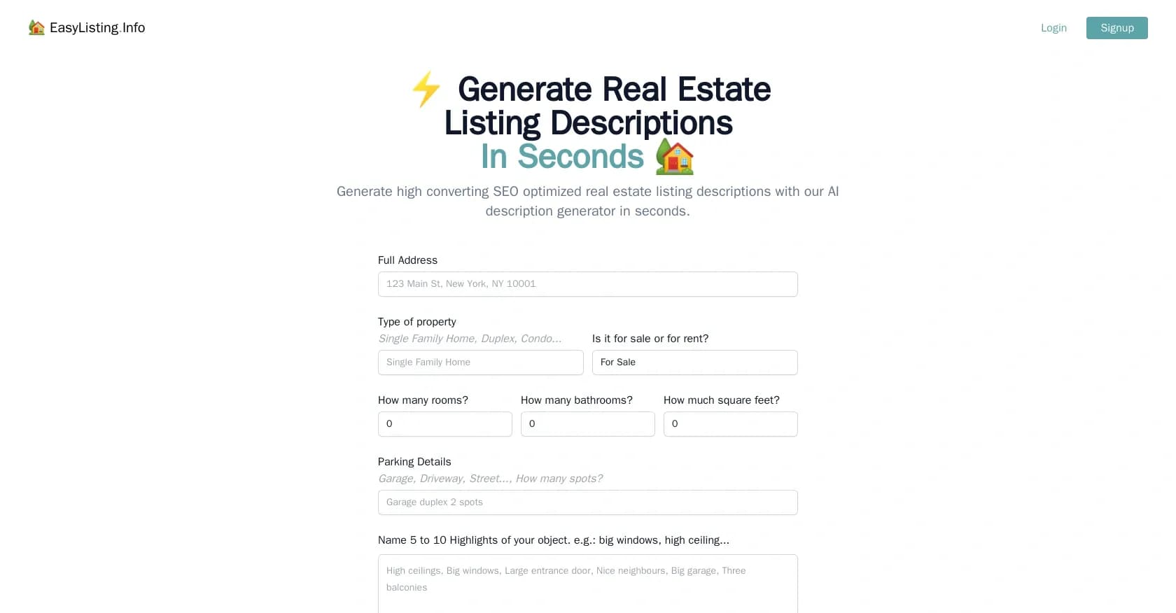 Easylisting homepage screenshot — Generate real estate listings in seconds with AI.