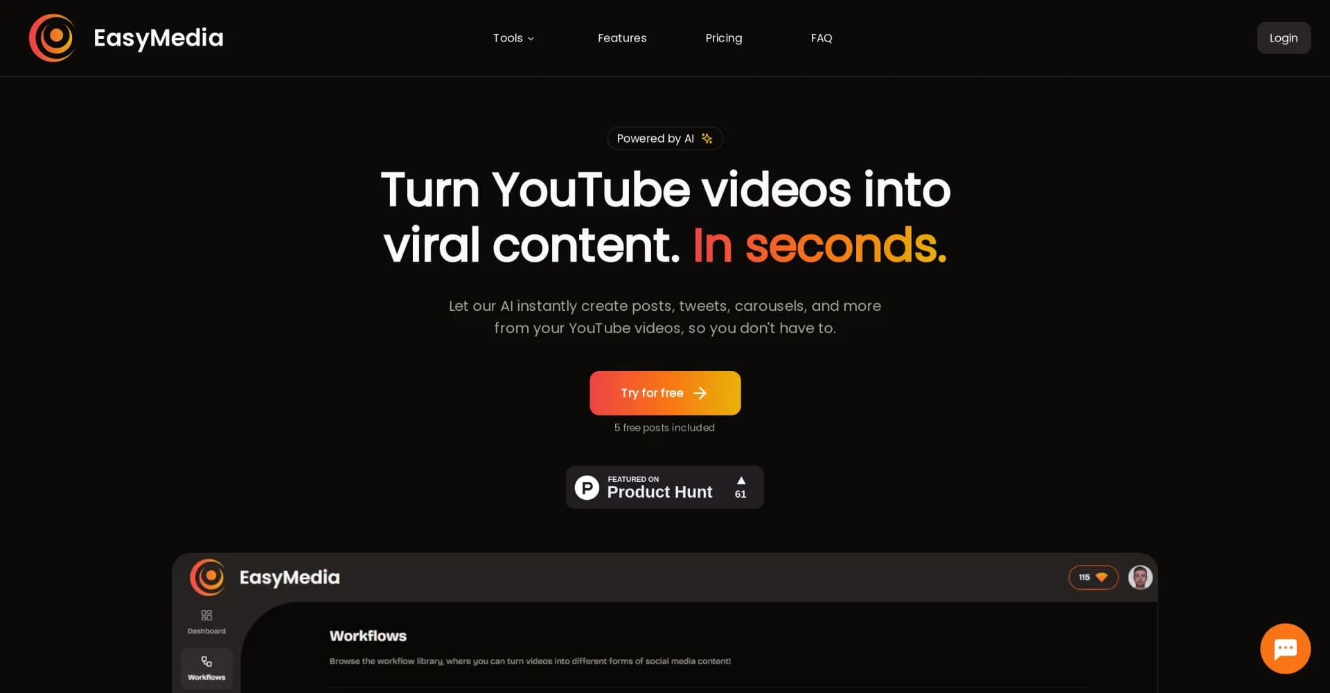 EasyMedia homepage screenshot — Turn YouTube videos into viral content instantly