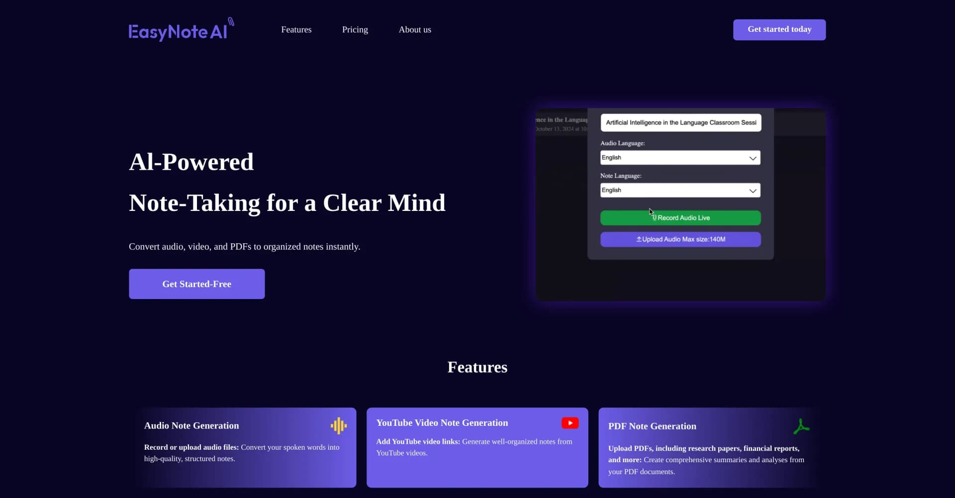EasyNoteAI homepage screenshot — AI-powered note-taking: From input to insights