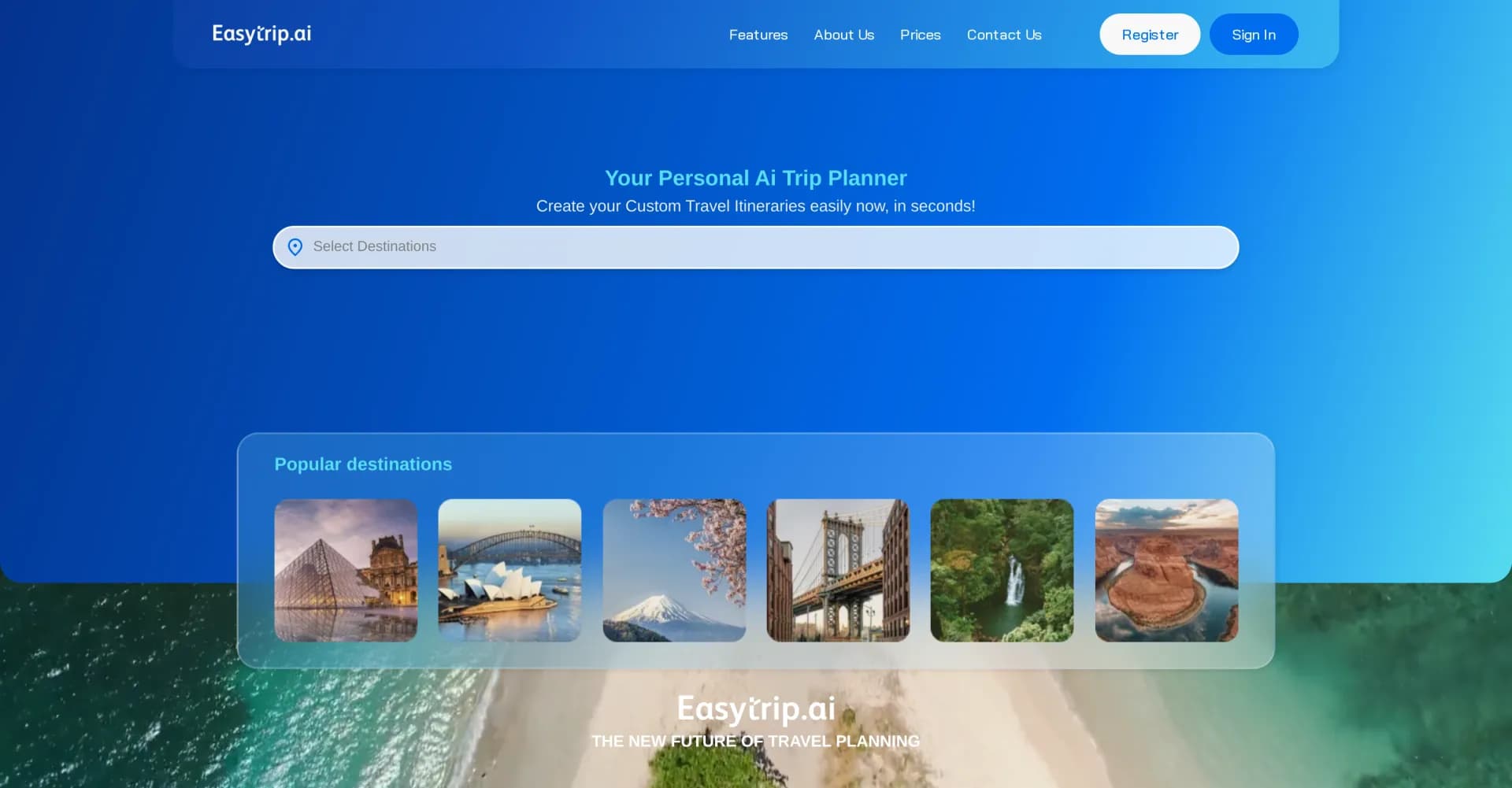 EasyTrip.AI homepage screenshot — AI-powered trip planning in seconds, optimized for fun and e