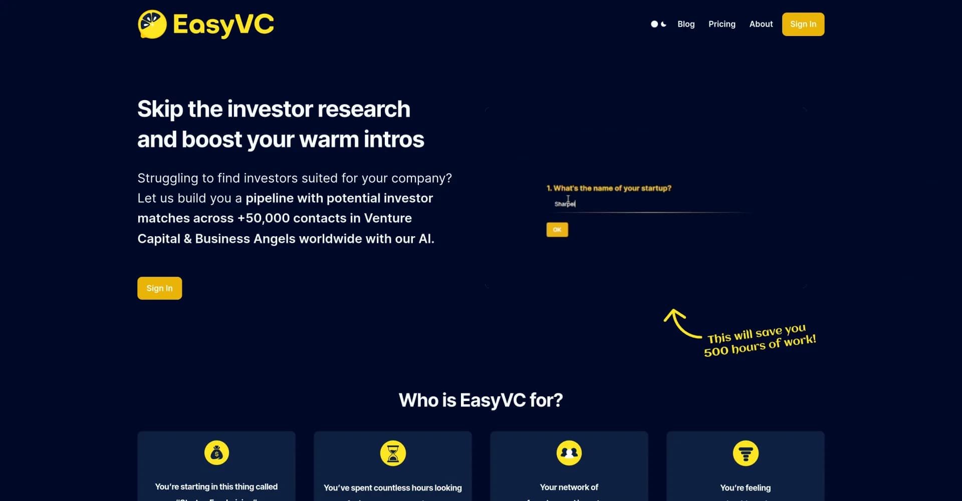 EasyVC homepage screenshot — Connect with 50,000+ VCs and angels using AI-powered matchin