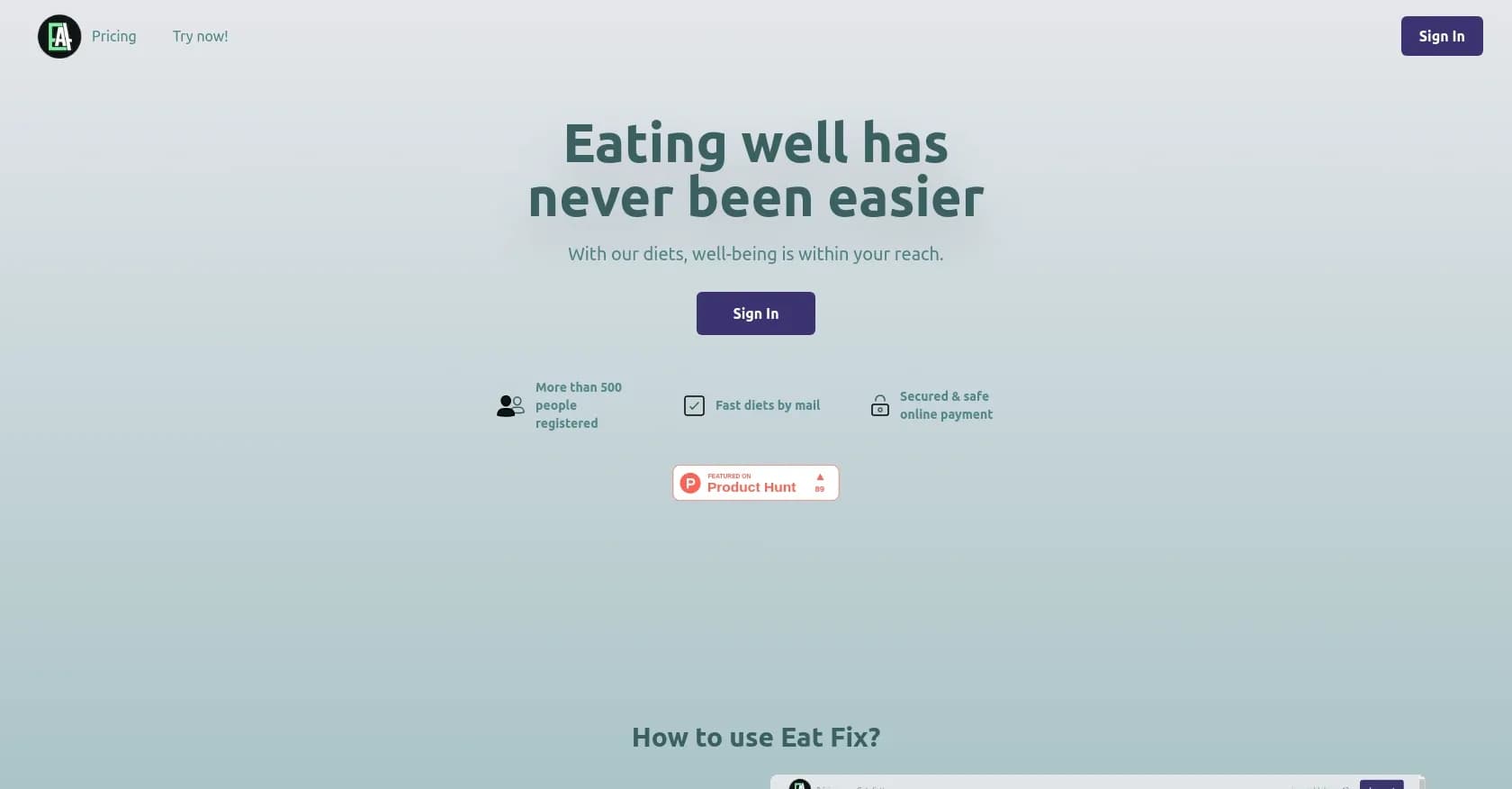 Eat Fix homepage screenshot — AI transforms eating: Healthier choices in your busy life.