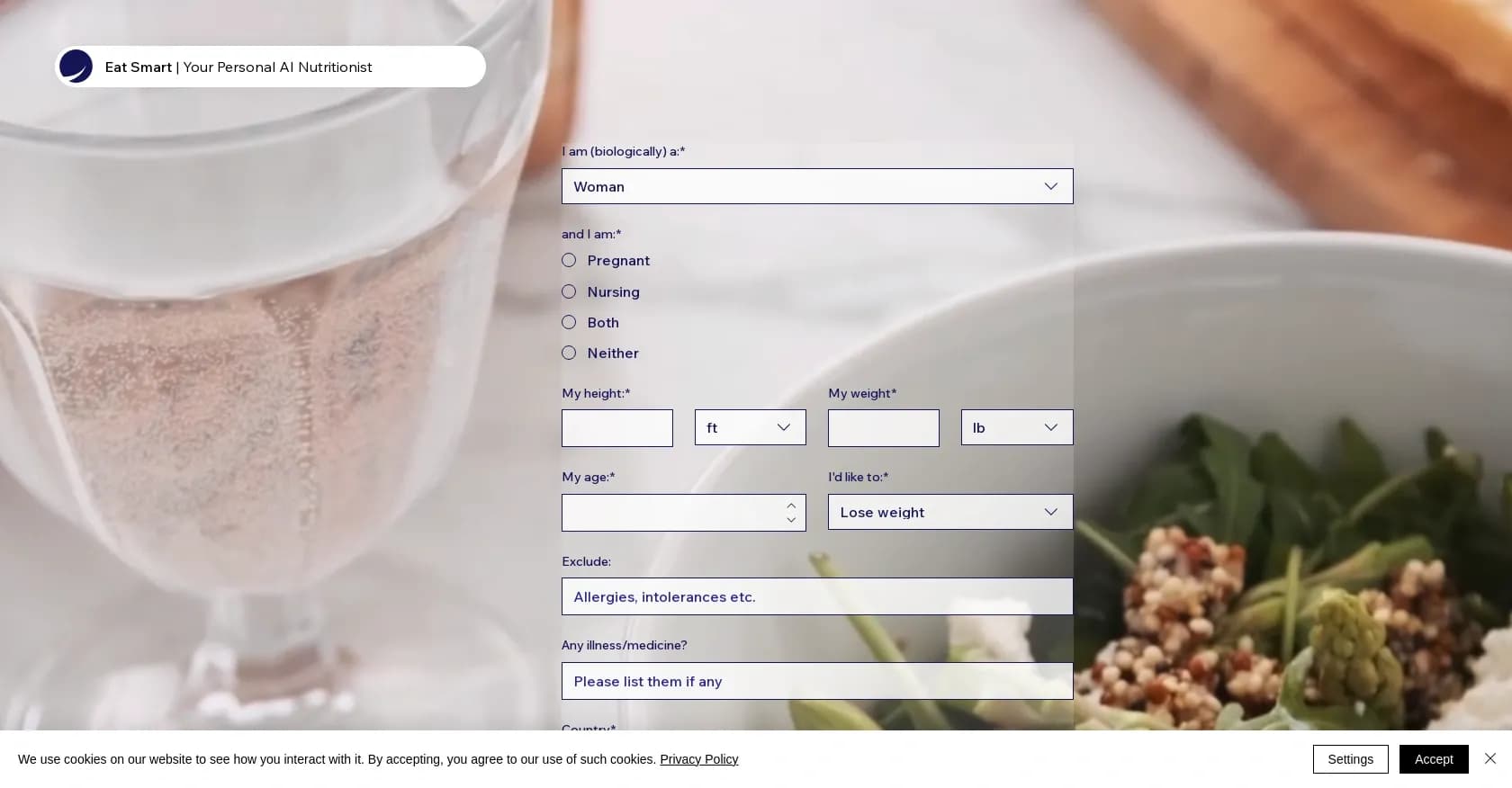 Eat Smart homepage screenshot — Free AI meal plans tailored to you