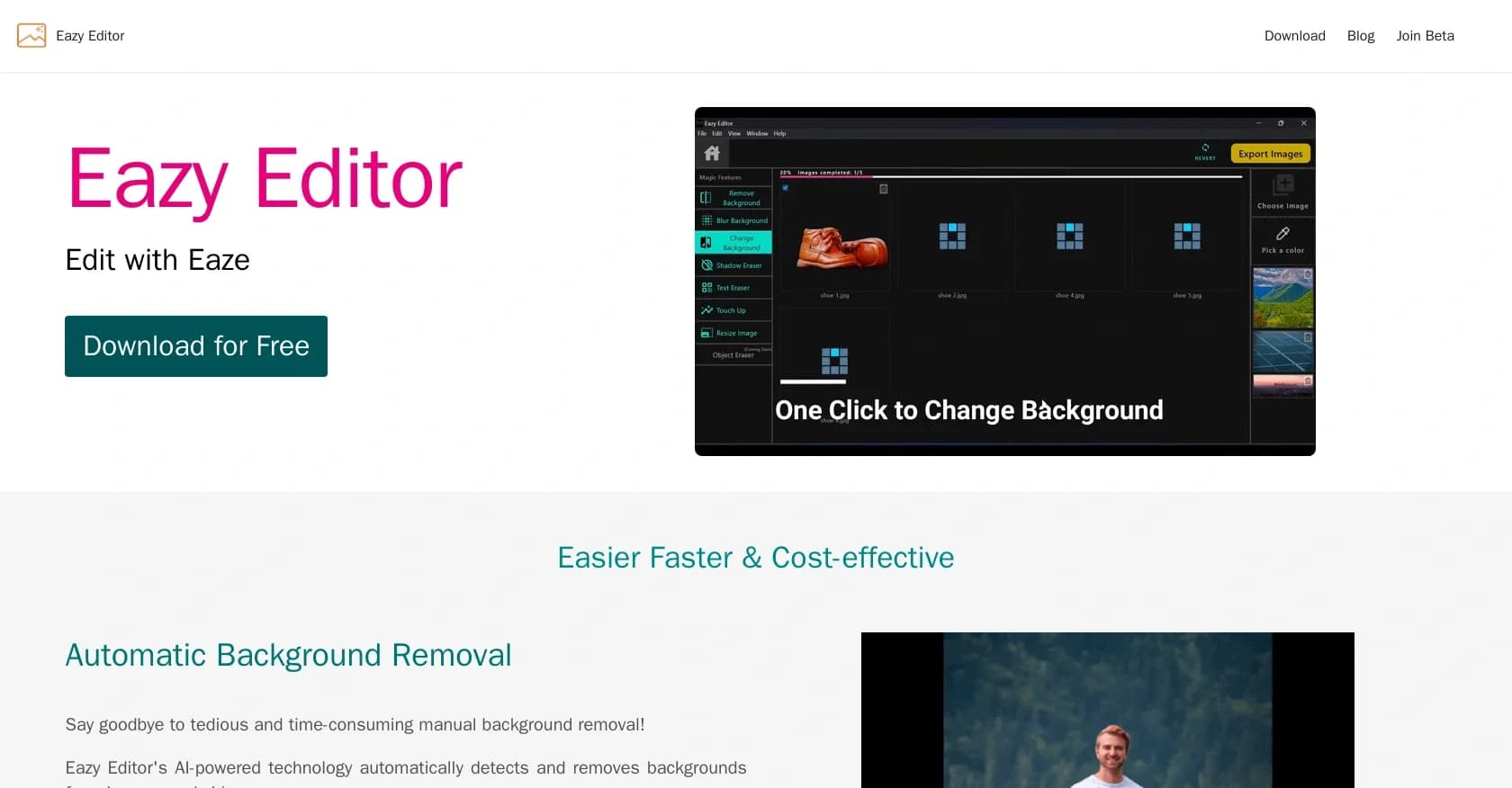 Eazy Editor homepage screenshot — Edit images and videos with ease and AI power.