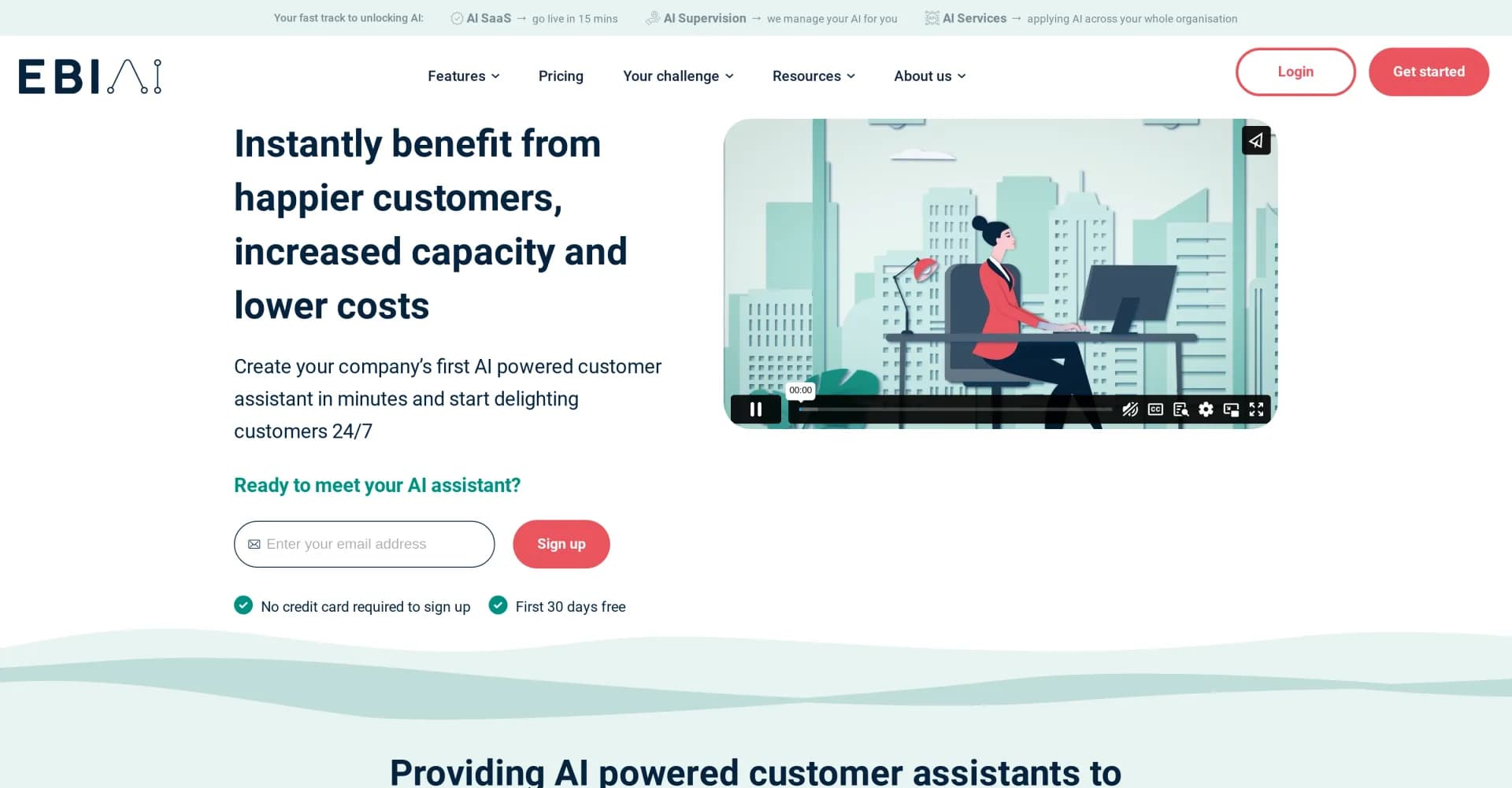 Ebi homepage screenshot — AI assistants for happier customers and lower costs