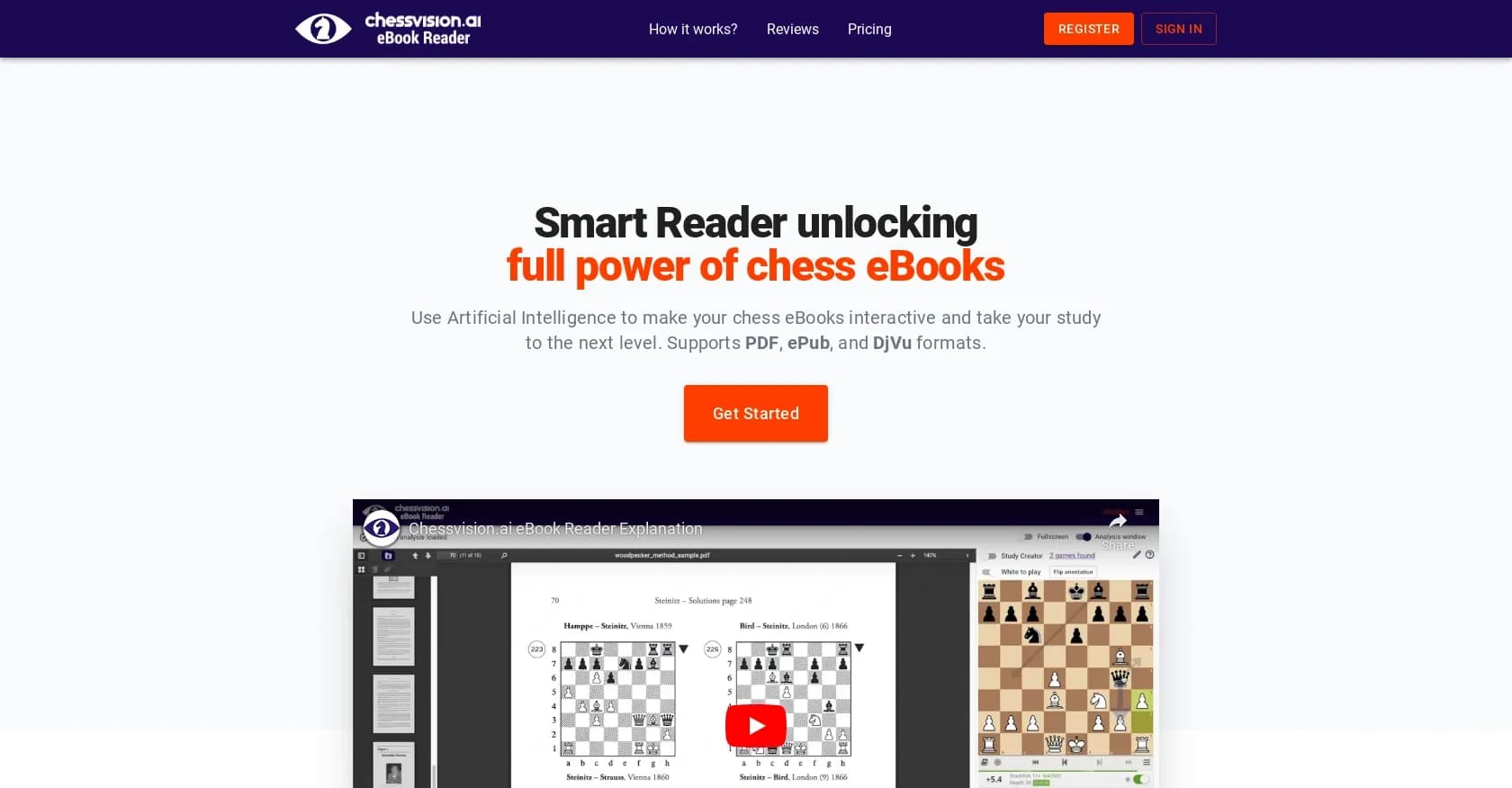 eBook Chessvision homepage screenshot — Make chess eBooks interactive with AI