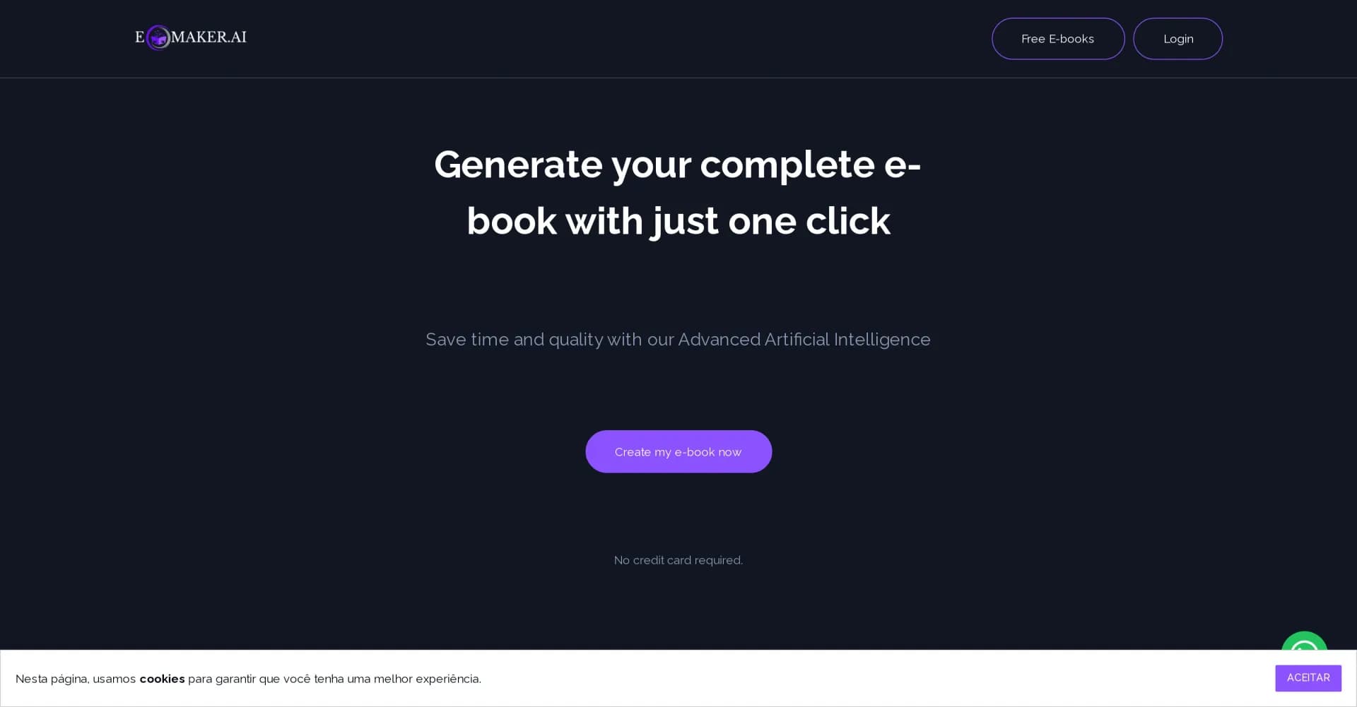 EbookMaker homepage screenshot — Generate complete e-books with one click using AI