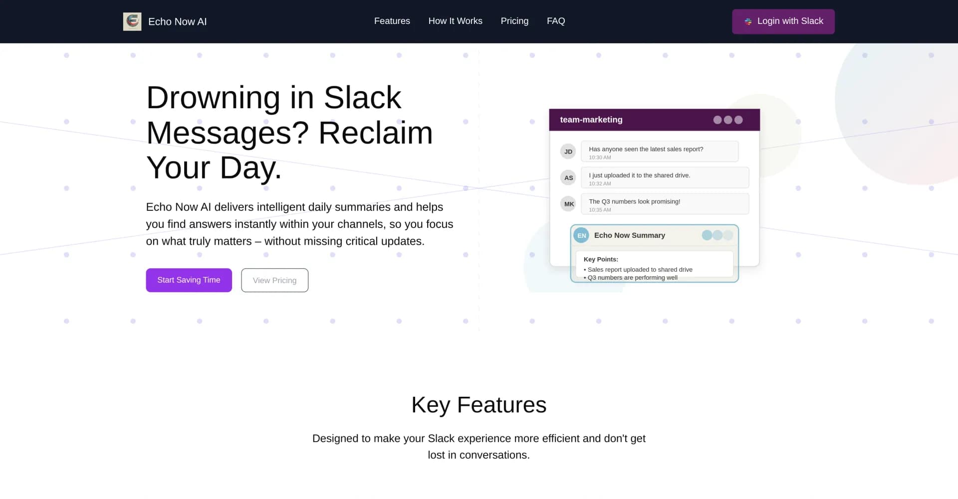 Echo Now AI homepage screenshot — Intelligent Slack summaries to reclaim your day.