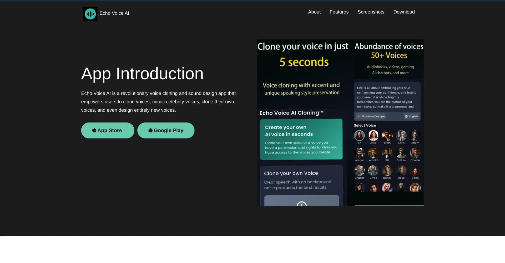 Echo Voice AI homepage screenshot — Clone voices and design new ones in seconds.