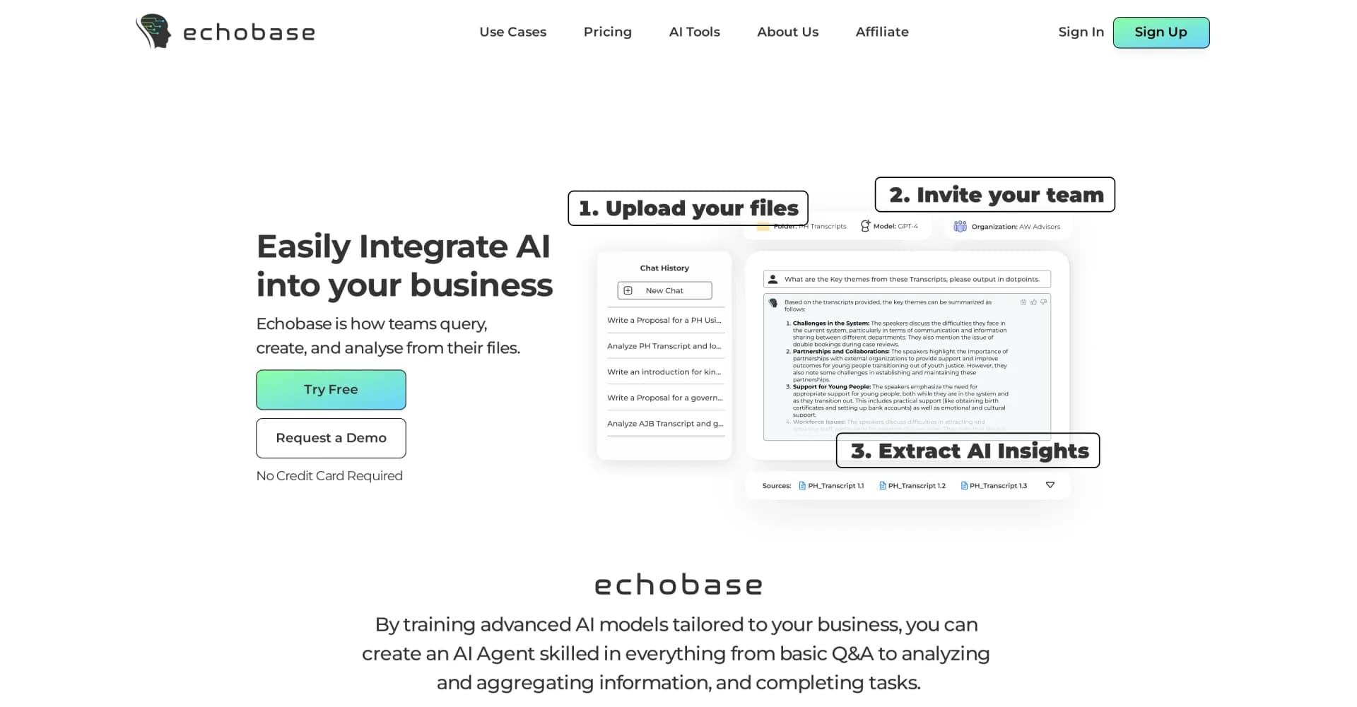 Echobase - AI for Business homepage screenshot — Efficient doc analysis & org. for business teams.