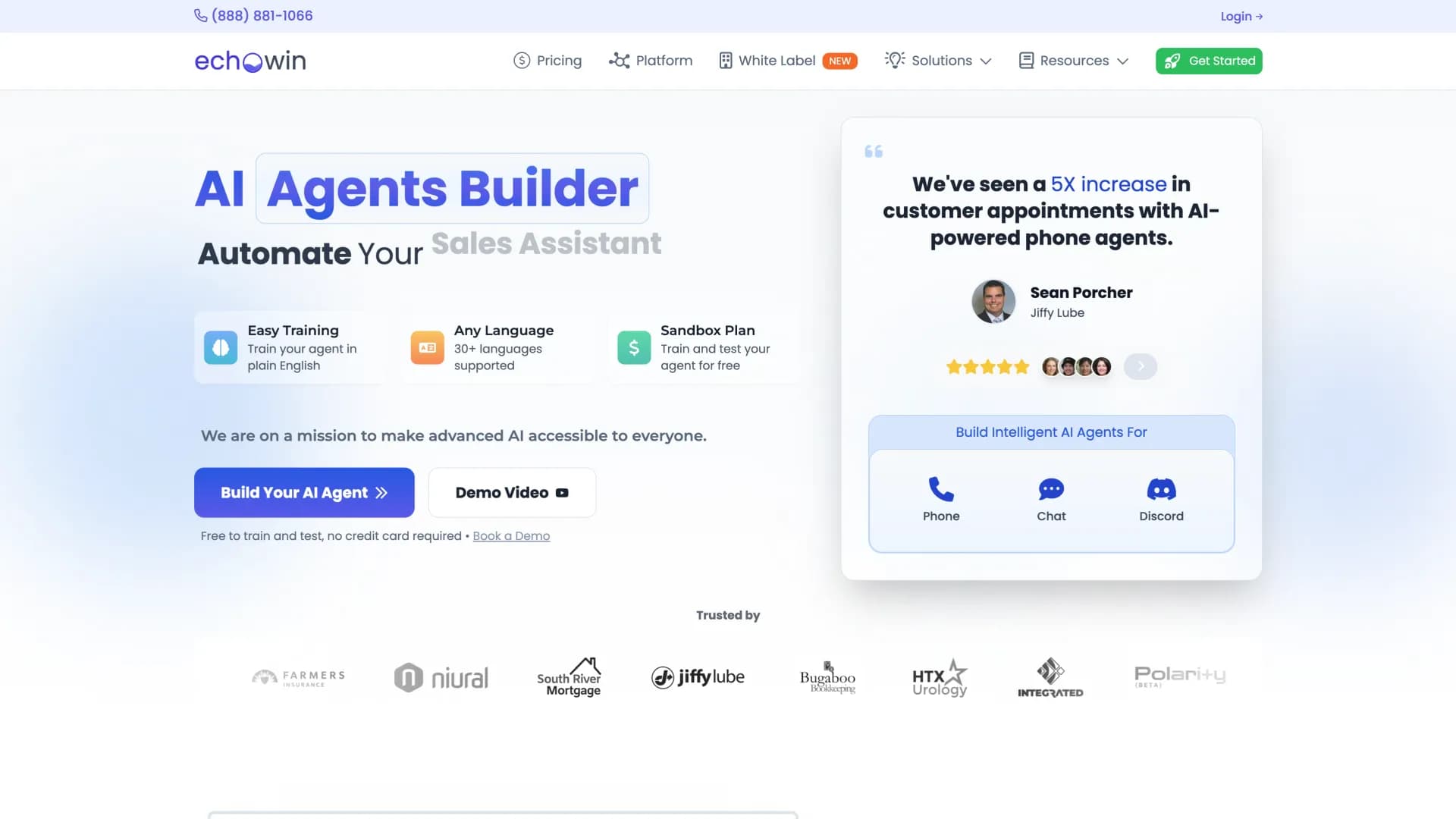 echowin2 homepage screenshot — Create & Deploy AI Agents for Phone, Chat & Discord