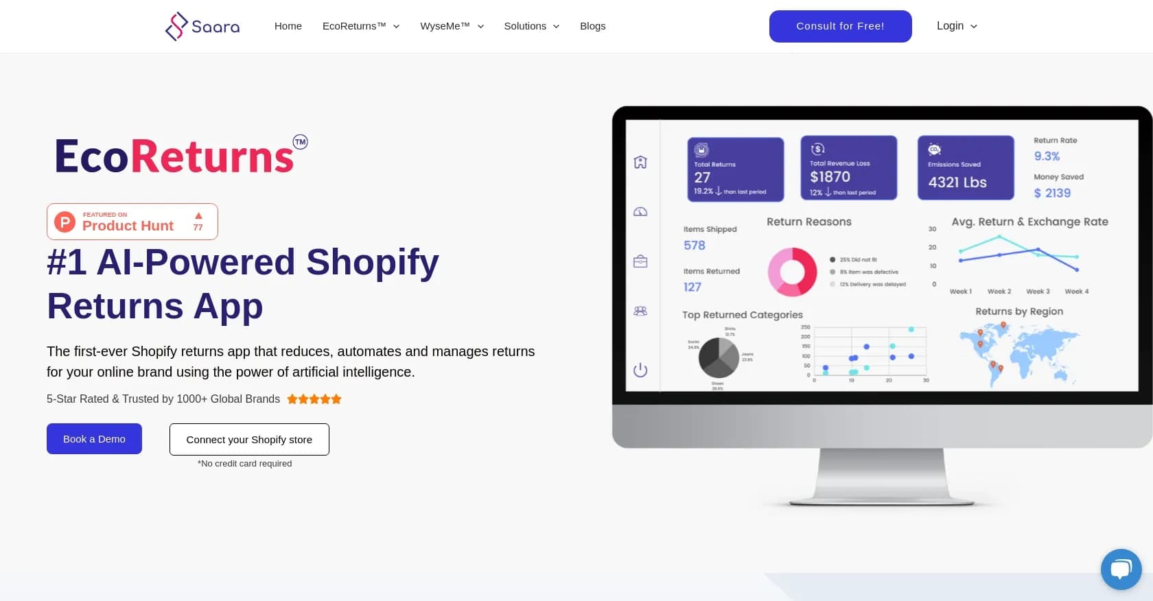 EcoReturns homepage screenshot — Automate returns efficiently with AI-powered Shopify portal.