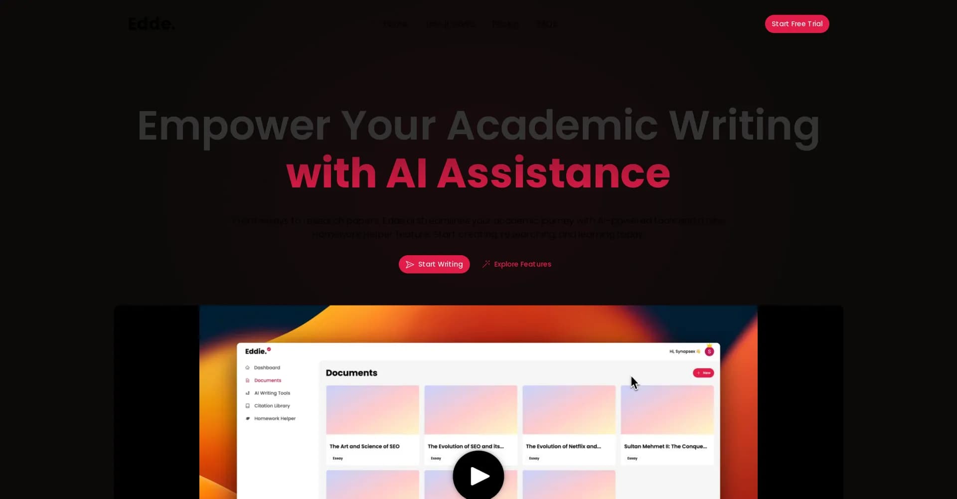 Edde AI homepage screenshot — Empower academic writing with AI assistance.