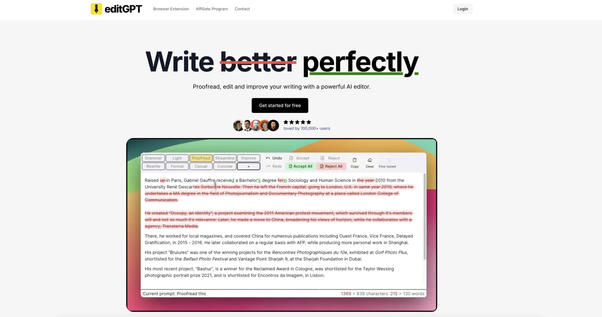 editGPTv2.0 homepage screenshot — Proofreading and editing content with ease.