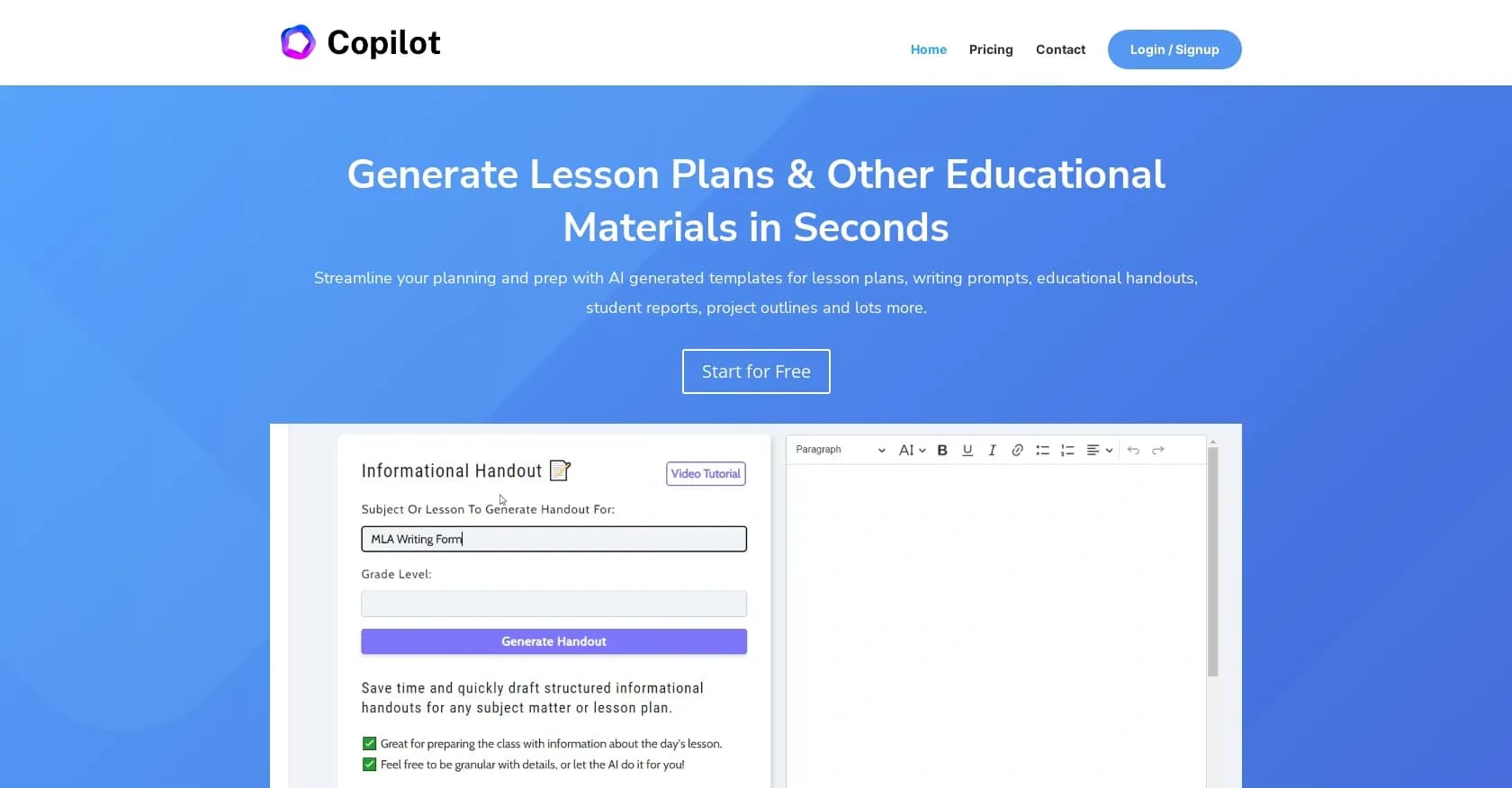 Education CoPilot homepage screenshot — AI-powered education planning in seconds